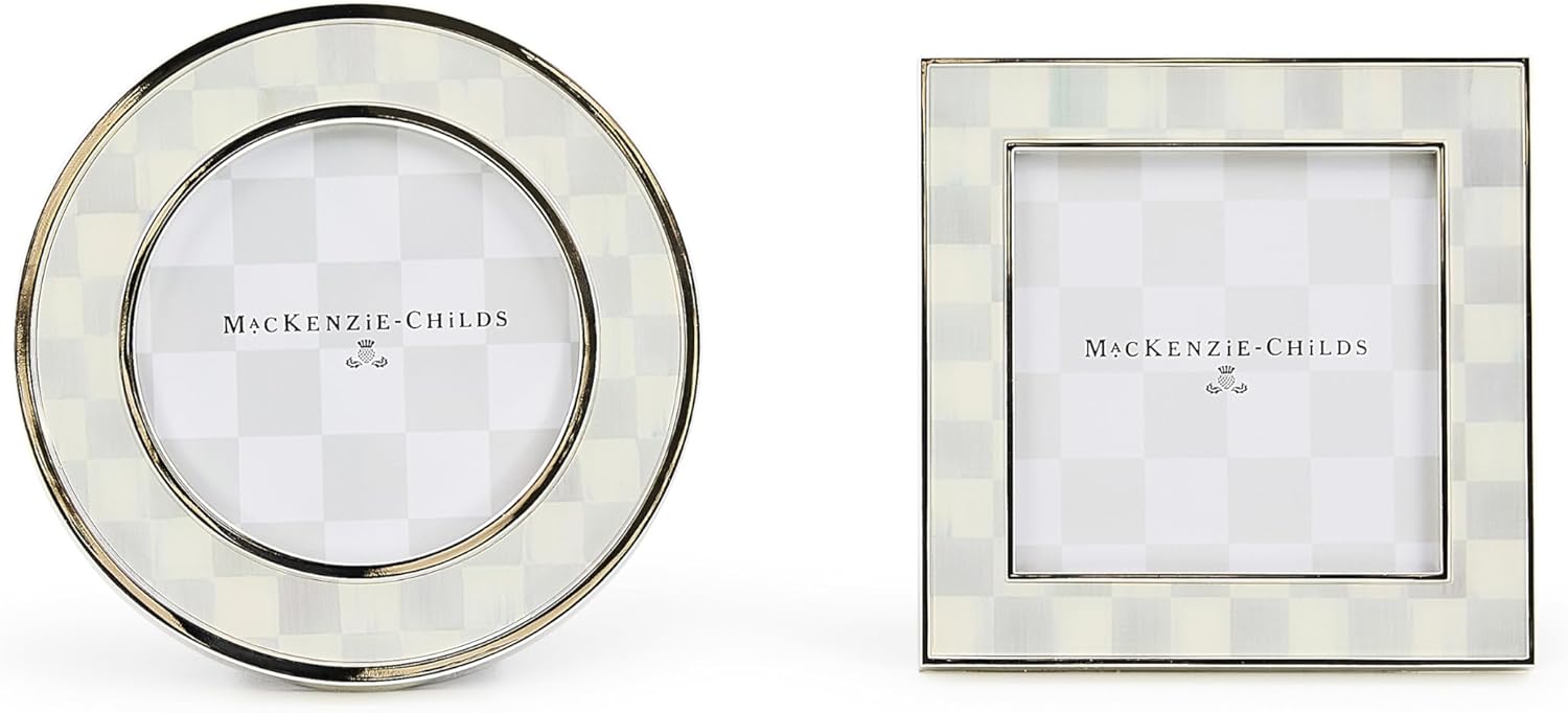 MACKENZIE-CHILDS Set of 2 Silver-Plated Frames, Cute Tabletop Decor, Gray-and-White Sterling Check