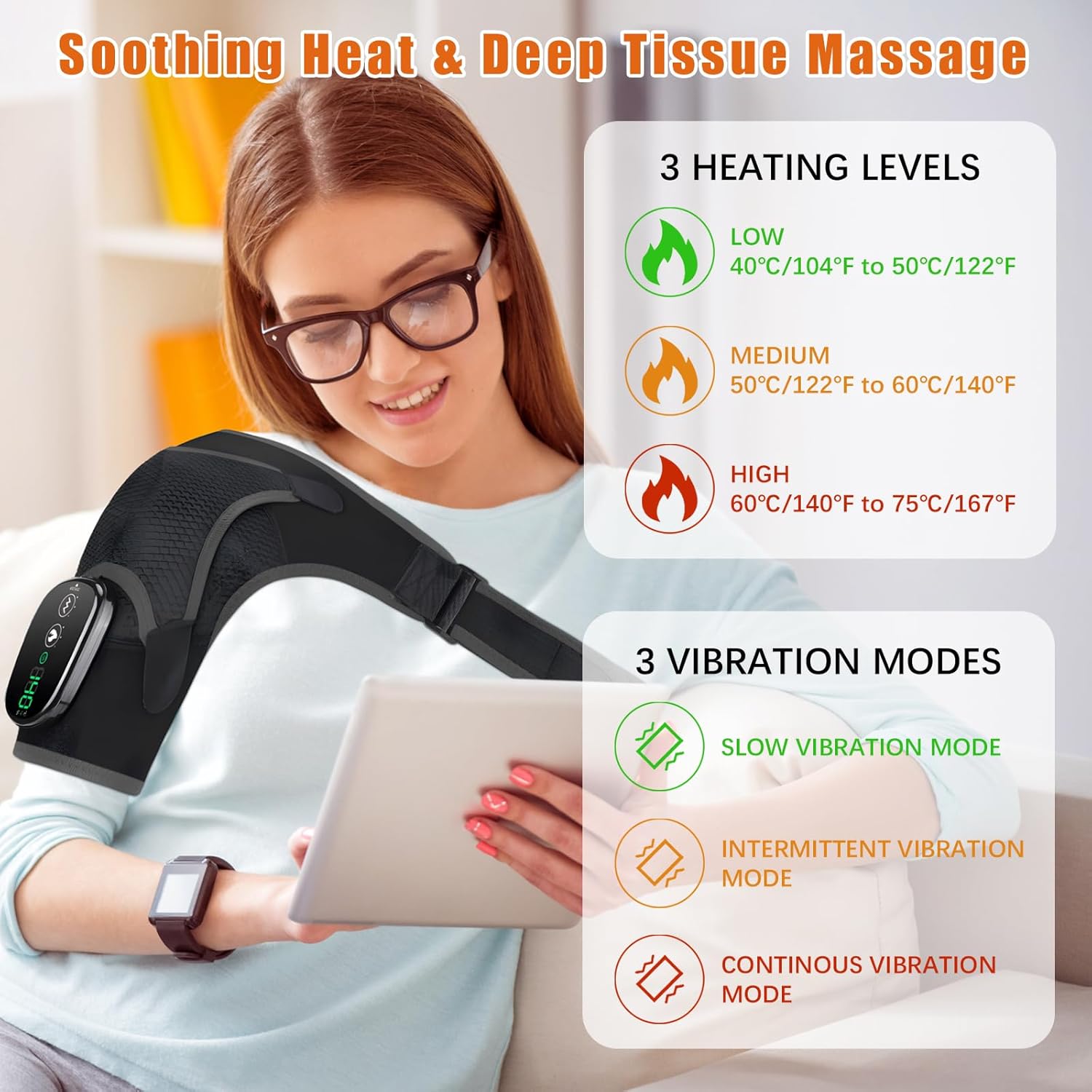 Shoulder Heating Pad Massager, Cordless Heated Shoulder Wrap with Massage, Heated Shoulder Brace for Pain Relief, 3 Heat Vibration Levels Shoulders Support for Men Women - Image 2