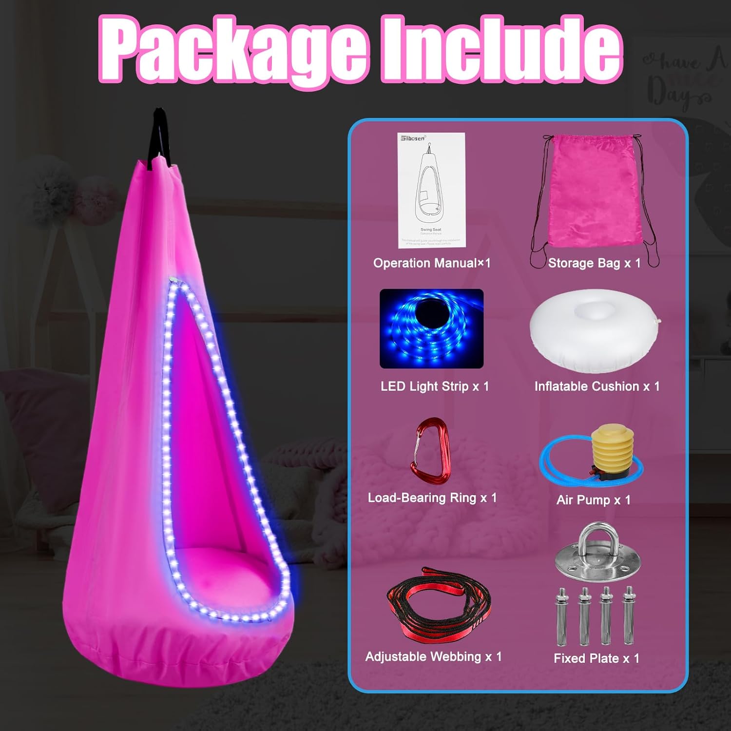 Light Up Kids Pod Swing Seat – Sensory Hammock Chair with Remote & Bluetooth App Control LED Lights, Inflatable Cushion, Pocket – Indoor & Outdoor Swing for Autism & Relaxation - Image 3
