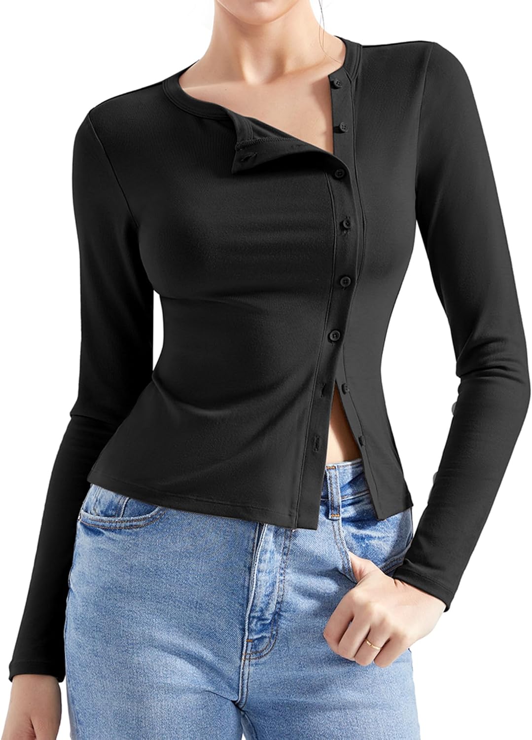 SUUKSESS Women Button Down Ribbed Tops Long Sleeve Going Out Fitted Modal Shirt