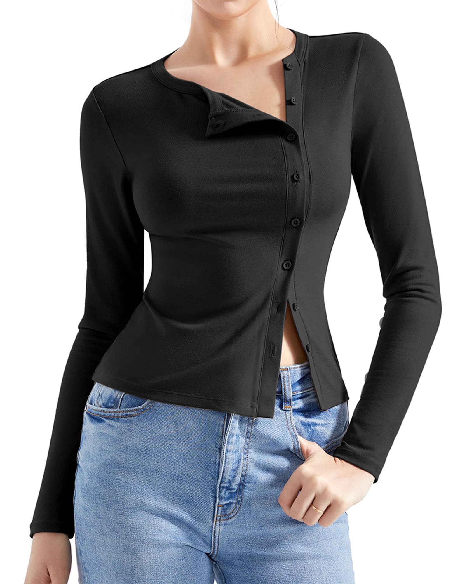 SUUKSESS Women Button Down Ribbed Tops Long Sleeve Going Out Fitted Modal Shirt