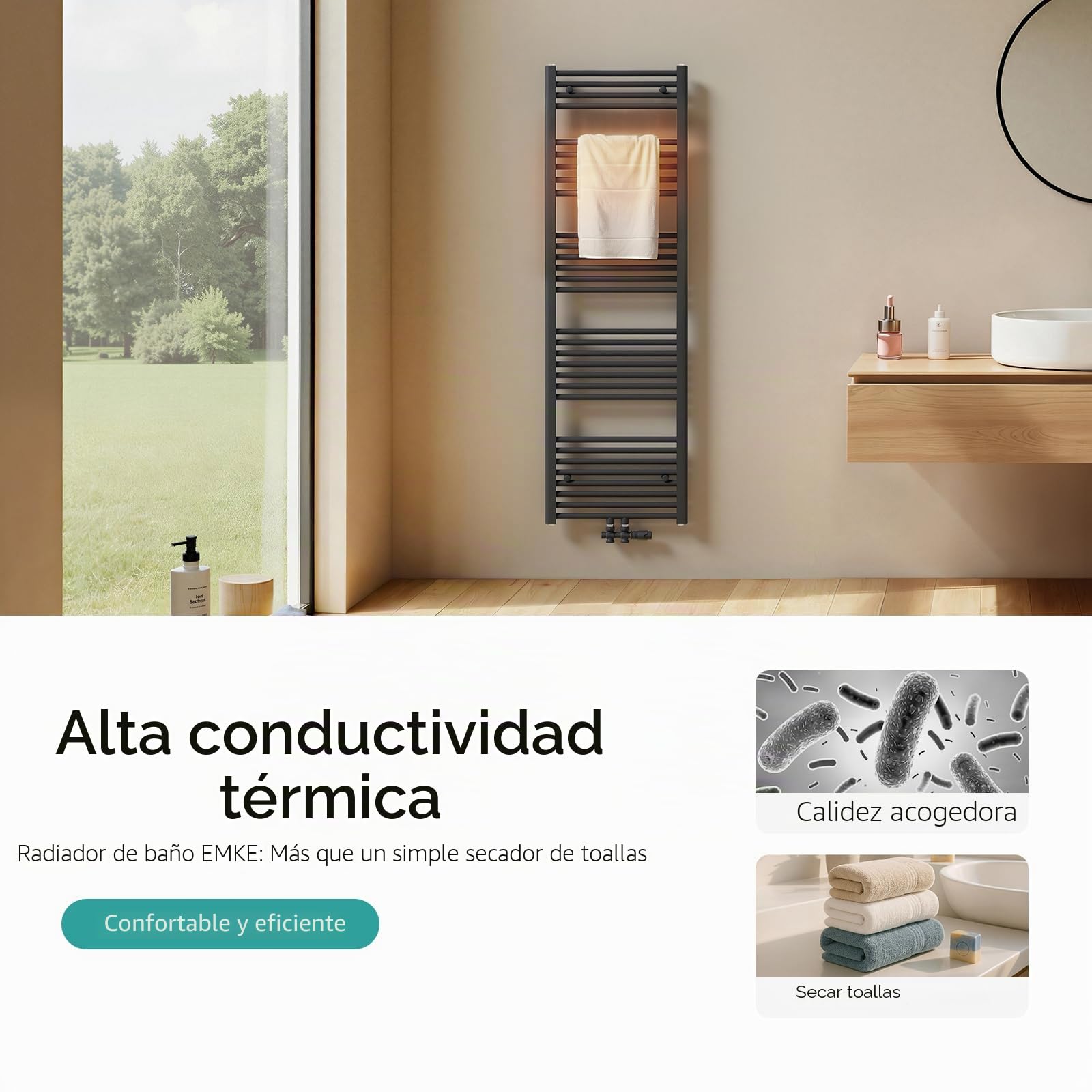 EMKE Radiador de baño, 100 x 40 cm, toallero de conexión Central, radiador de baño, toallero, Toallas, radiador, Toalla, radiador, baño, Toalla, Antracita, 356 W