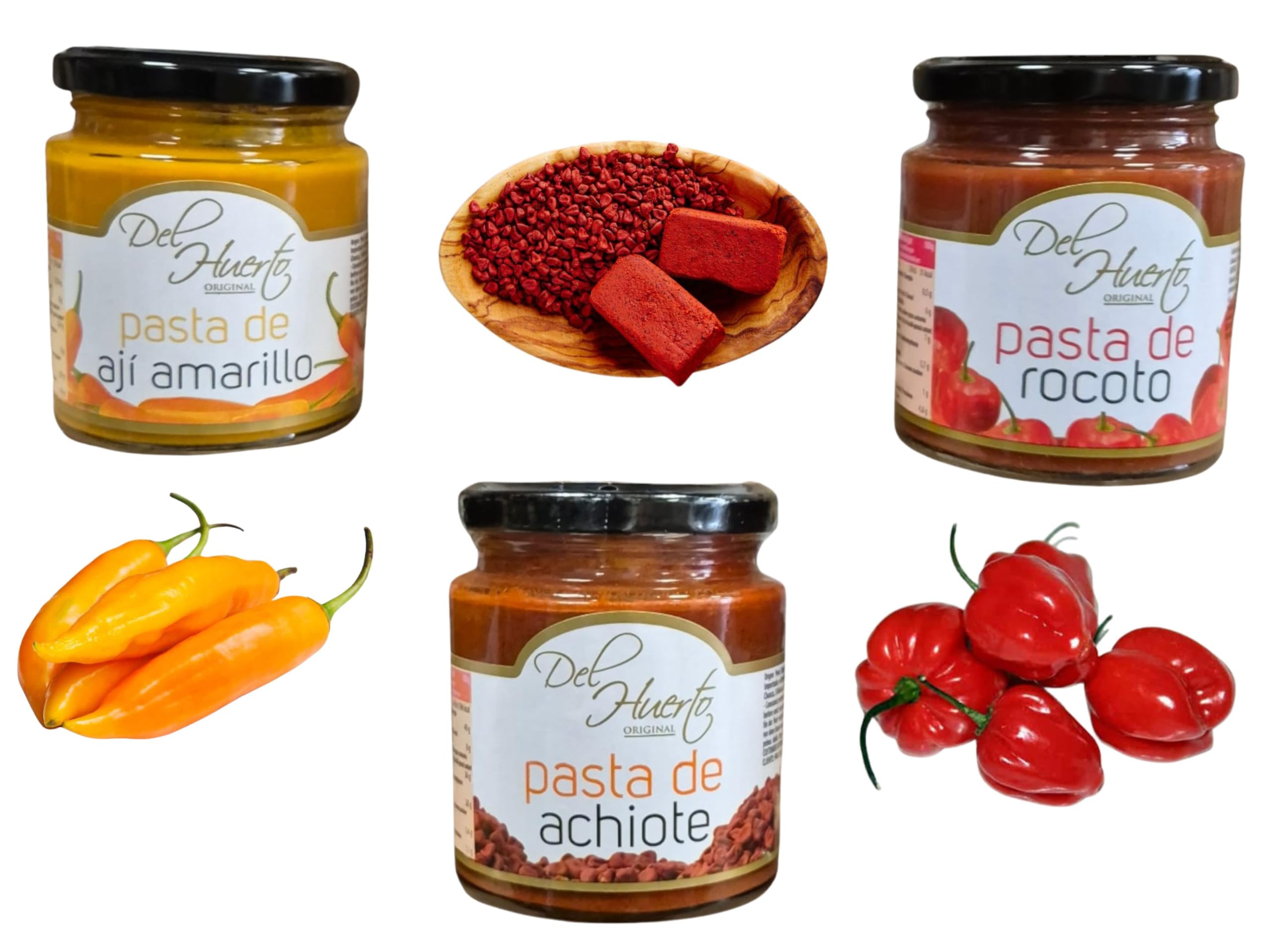 Pack de 3 Pastas Del Huerto - Aji Amarillo, Achiote y Rocoto - ¡Descubre la Auténtica Cocina Peruana! 212 gr por Frasco"