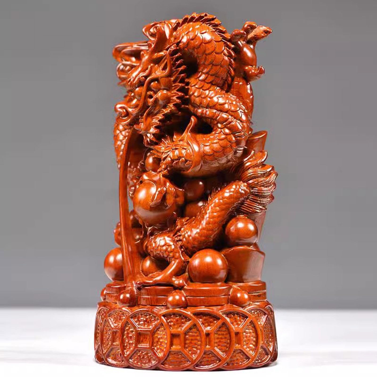 Statue de Dragon Chinois | Figurine de Dragon Fengshui | Figure Animale du Zodiaque en Bois | 2024 Année de La Sculpture du Dragon pour Attirer La Chance et La Richesse,Large
