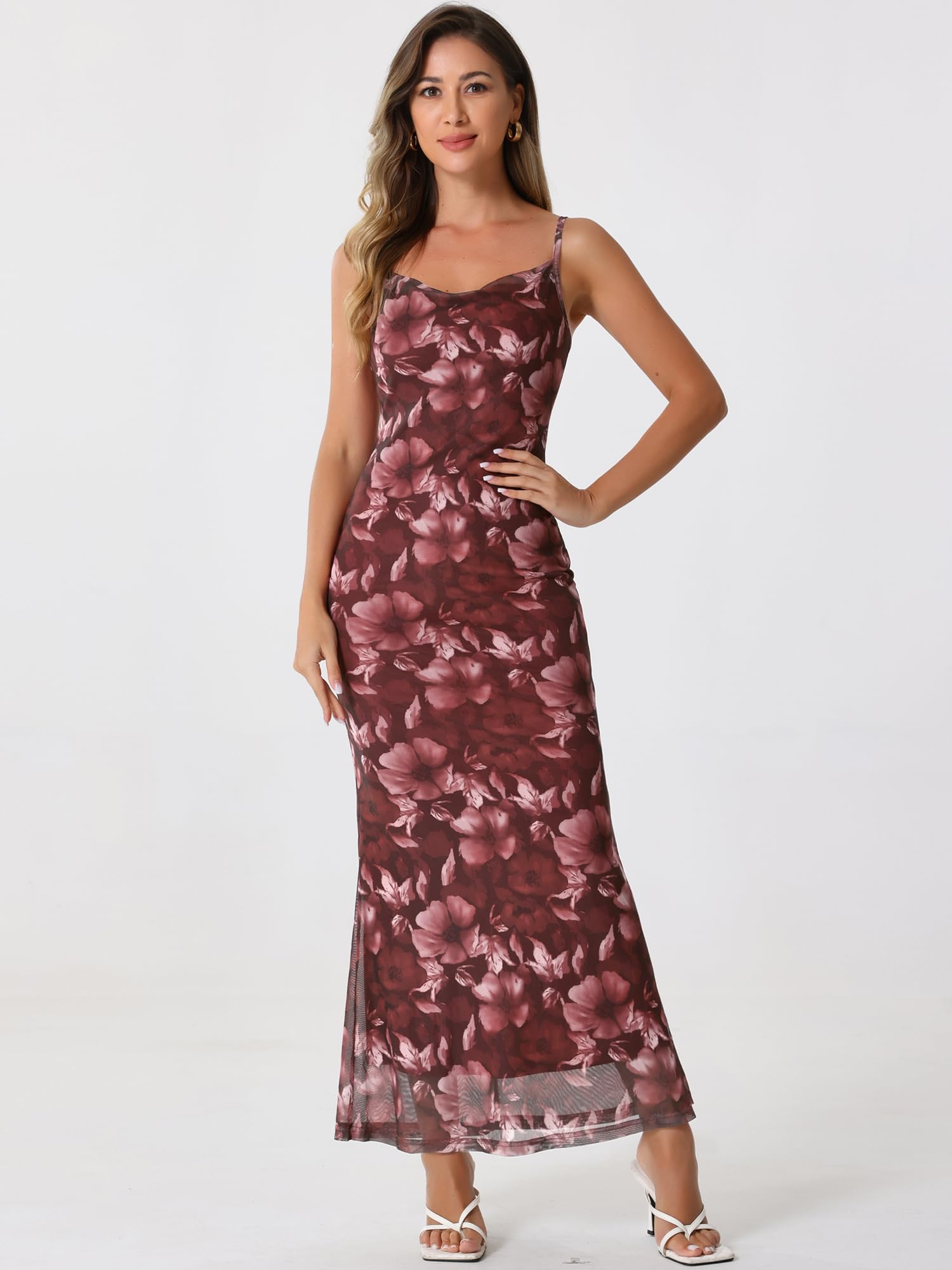 Allegra K Vestido largo de malla floral para mujer, vestido de cóctel ajustado con tirantes delgados, para invitada de boda
