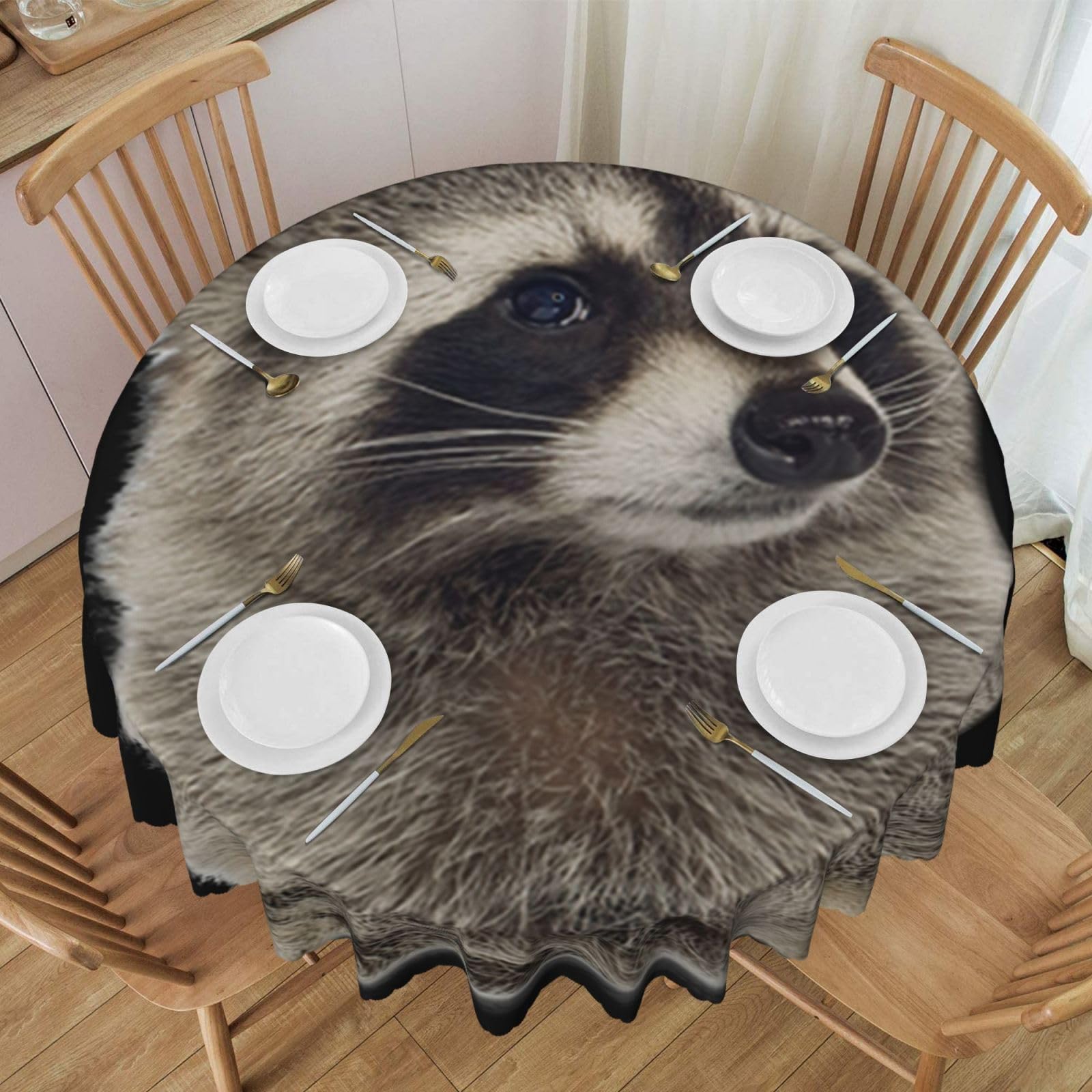 DCEHGEW 60 In Round Tablecloth with Lace, Hairy raccoon Printed Oilproof & Washable Fabric Picnic Table Cloth Table Covers