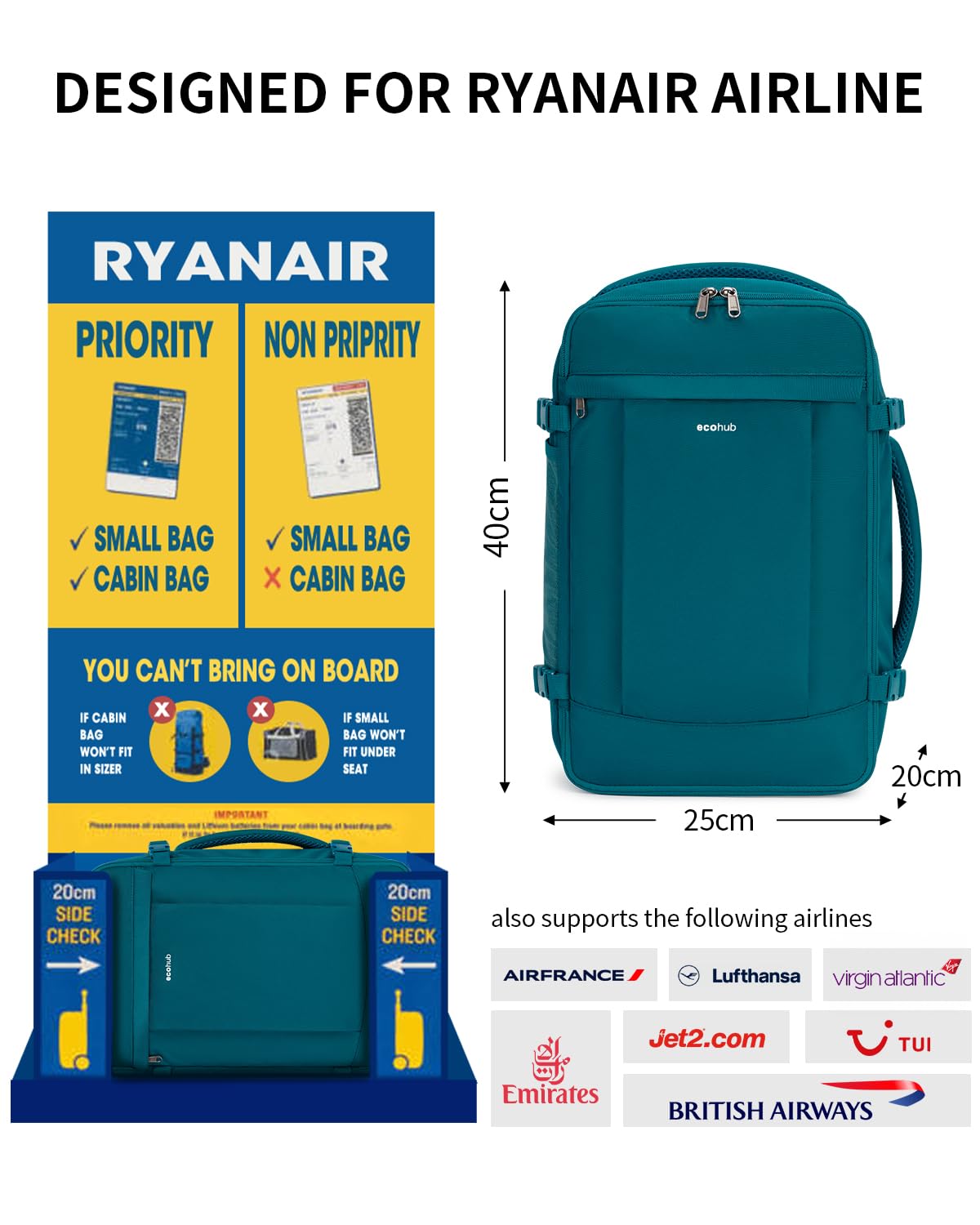 ECOHUB 20L Zaino Ryanair 40x20x25, Zaino Da Viaggio Aereo Bagaglio a Mano Con Scomparto Per Laptop 3D, Resistente all'Acqua Bagaglio a Mano 40x20x25 Ryanair, Riciclato Zaino Viaggio Donna Uomo, Verde