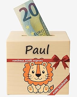 Tirelire Enfant personnalisée avec prénom | Tirelire en Bois - Cadeau personnalisé pour baptême, Communion, Confirmation, Anniversaire | Cadeaux pour Filles & garçons (Lion)