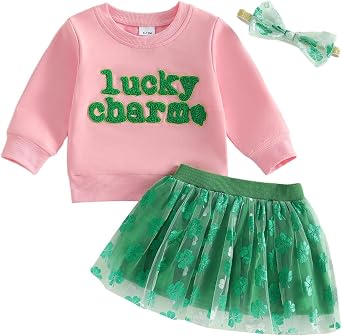 Amnnchya Toddler Baby Girl St Patricks Day Outfit Little Girl Clothes Skirt Set Lucky Charm Sweatshirt Clover Tutu Dress