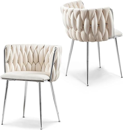 Juego de 2 sillas de comedor de terciopelo, sillas laterales tapizadas tejidas con patas de metal plateado, sillas de ocio de acento moderno, sillas