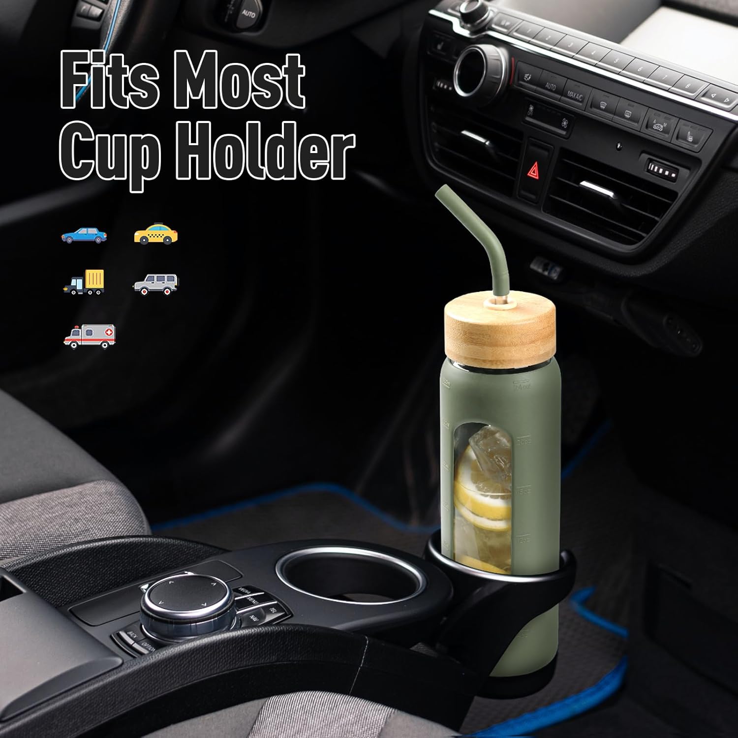 24oz Glass Water Bottle with Straw and 2 Lids-Bamboo and Spout Lid, Borosilicate Glass Water Bottle with Silicone Sleeve and Time Marker,BPA Free & Cupholder Friendly,Olive - Image 6