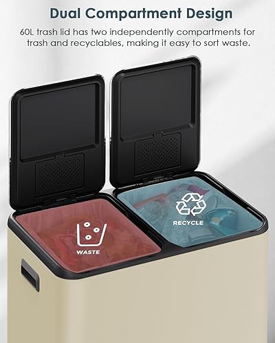 Miniatura 5 de Arlopu Cubo de basura doble de 16 galones con 2 cajas integradas para control de olores, cubo de basura de cocina manos libres, cubo de basura de