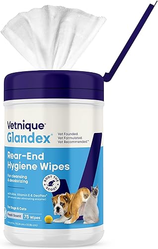 Vetnique Glandex - Toallitas higiénicas para perros y gatos con vitamina E, acondicionadores para la piel y aloe (75 unidades)