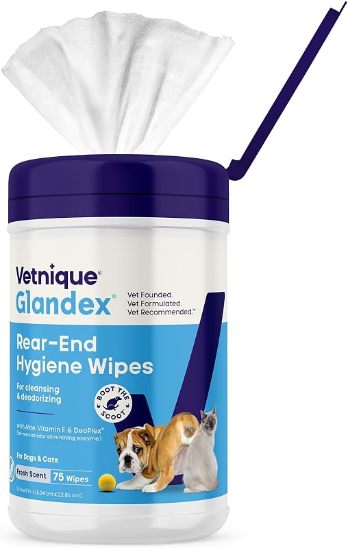 Glandex Rear End Wipes for Dogs & Cats, Anal Gland Hygiene | Deodorizing Dog & Cat Wipes for Paws & Butt, Boot The Scoot with DeoPlex Enzyme, Aloe & Vitamin E, Alcohol Free, 75ct