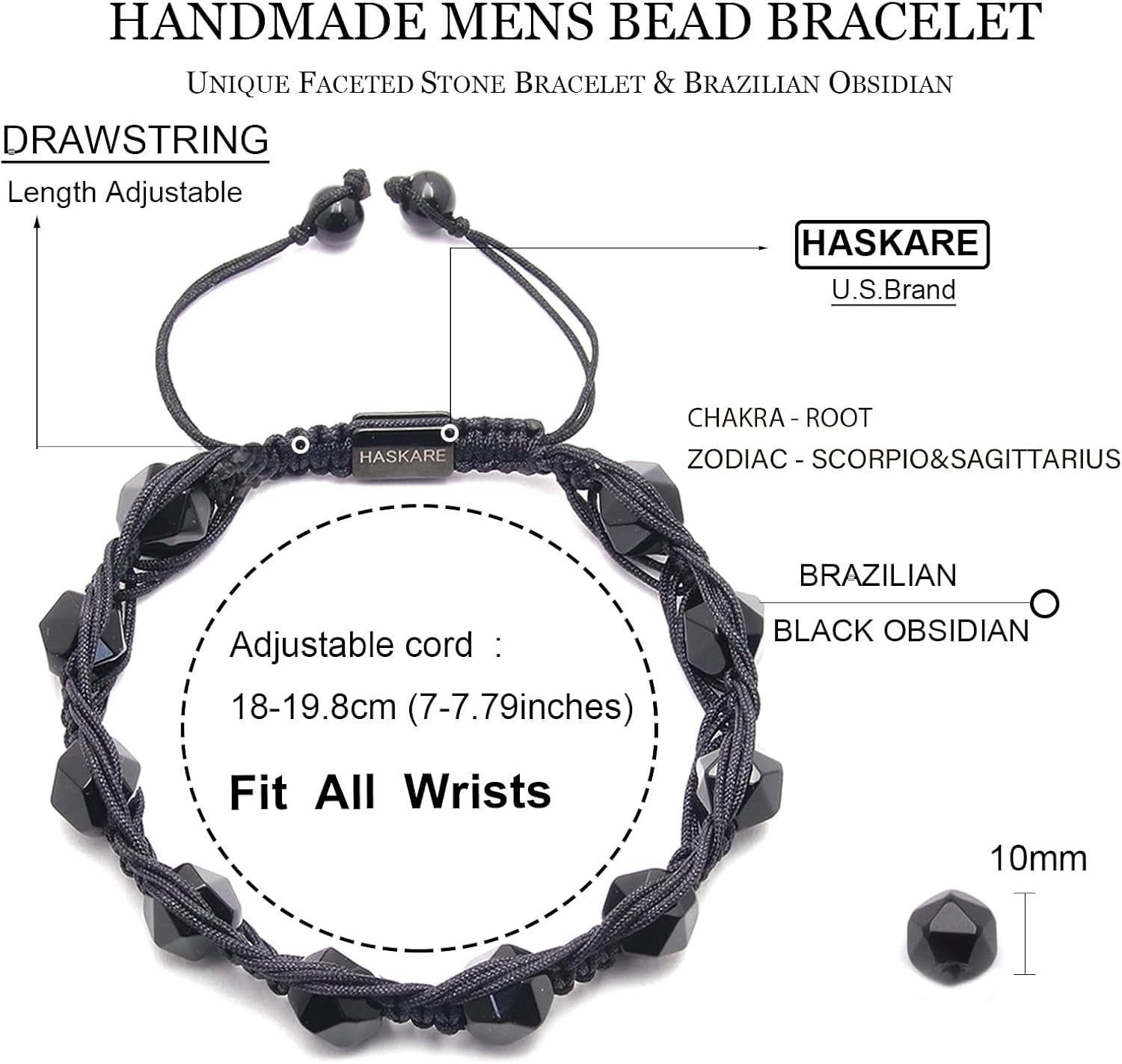 HASKARE Protection Crystals Black Mens Beads Bracelet, Natural Obsidian Handmade Jewelry Faceted Beaded Bracelet for Men, Drawstring Unique Crystal Stone Bracelet for Dad Father Son - Image 6
