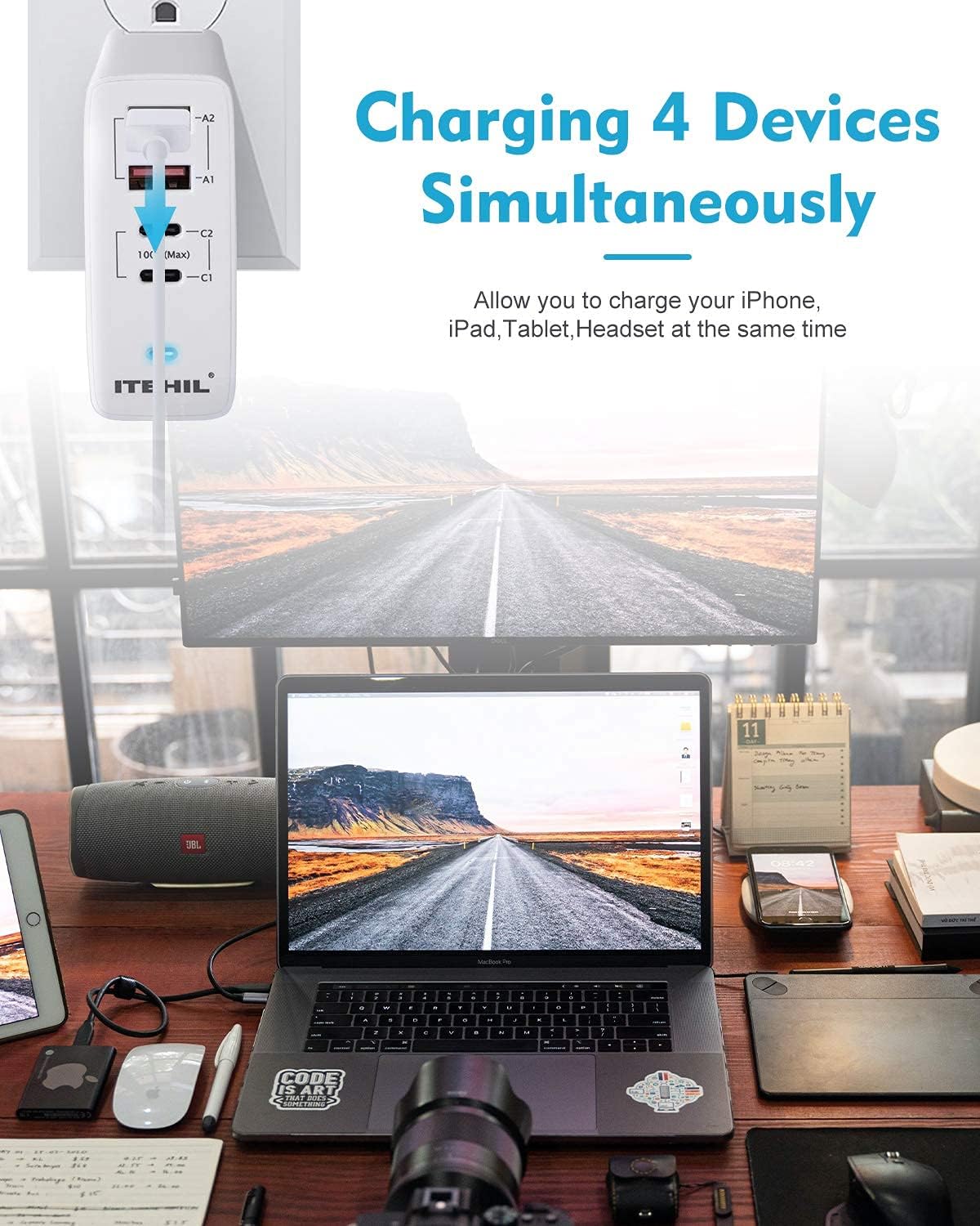 USB C Wall Charger, ITEHIL 100W 4-Port Fast PD Charger, Portable Type C Charger with Foldable Plug for iPhone 12/12 Pro Max/AirPods Max/iPad/MacBook/Samsung and More (Cable Not Included) : Cell Phones & Accessories