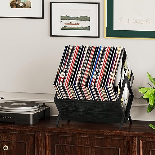 Miniatura 5 de YINMIT Soporte para discos de vinilo, estante de almacenamiento de discos de vinilo de 80-100 LP, pantalla de discos de vinilo de montaje rápido,