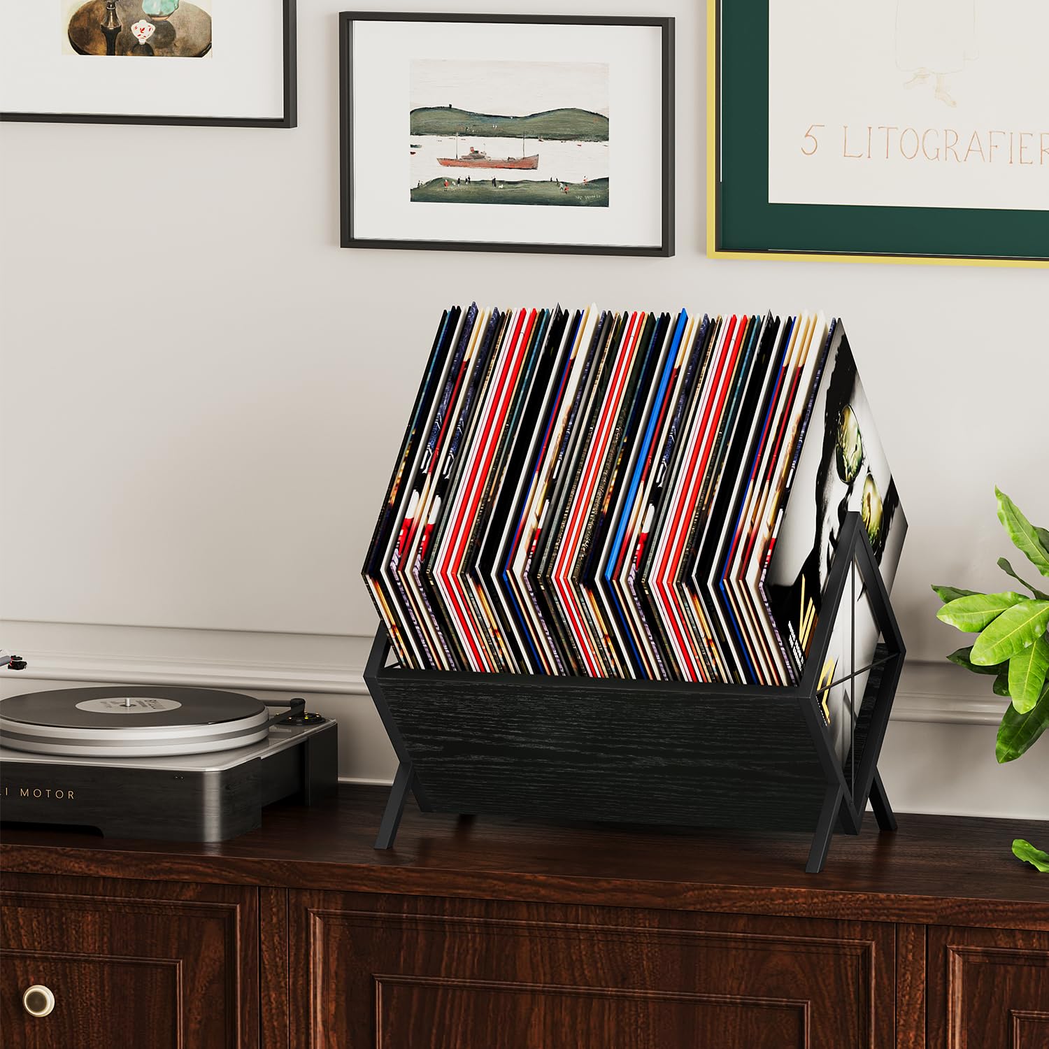 YINMIT Soporte para discos de vinilo, estante de almacenamiento de 80-100 LP, organizador de exhibición de discos de estilo retro para discos de vinilo, álbumes, revistas, libros y archivos, fácil