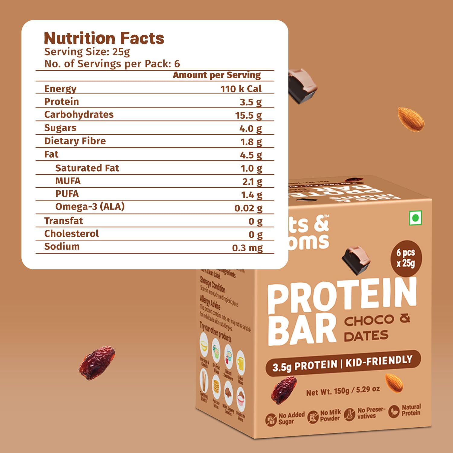 Tots & Moms Kids-Friendly Protein Bar – Choco & Dates (25g x 6) | 3.5g Protein per Bar | Antioxidant-Rich Cocoa & High-Fiber Oa — Amazon image 7
