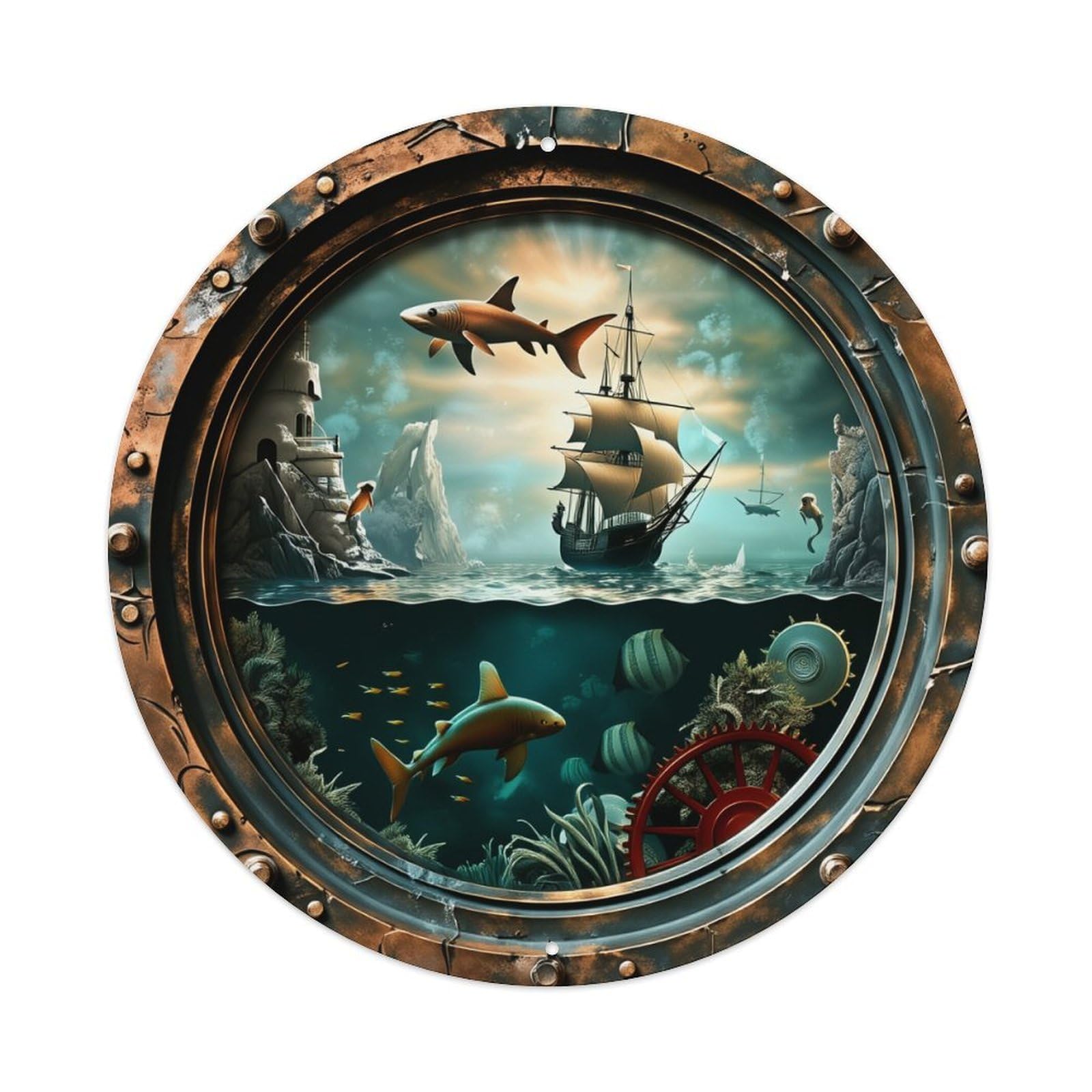 Steampunk Ocean Adventure Ship Shark Round Tin Sign Retro Metal Sign for Cafe Bar Pub Home Game Room Gym Club Wall Decoration Vintage Metal Poster 8x8 Inch