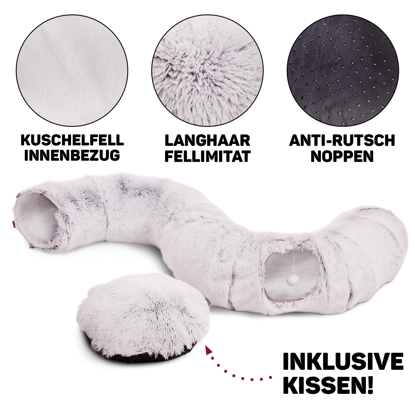 CanadianCat Company | Premium Katzentunnel mit Schlafplatz Otis Grau Kuschelfell Innenbezug Katzentunnel Große Katzen XXL 2-in-1 Donut Tunnel für Katzen inkl. flauschigem Liegekissen