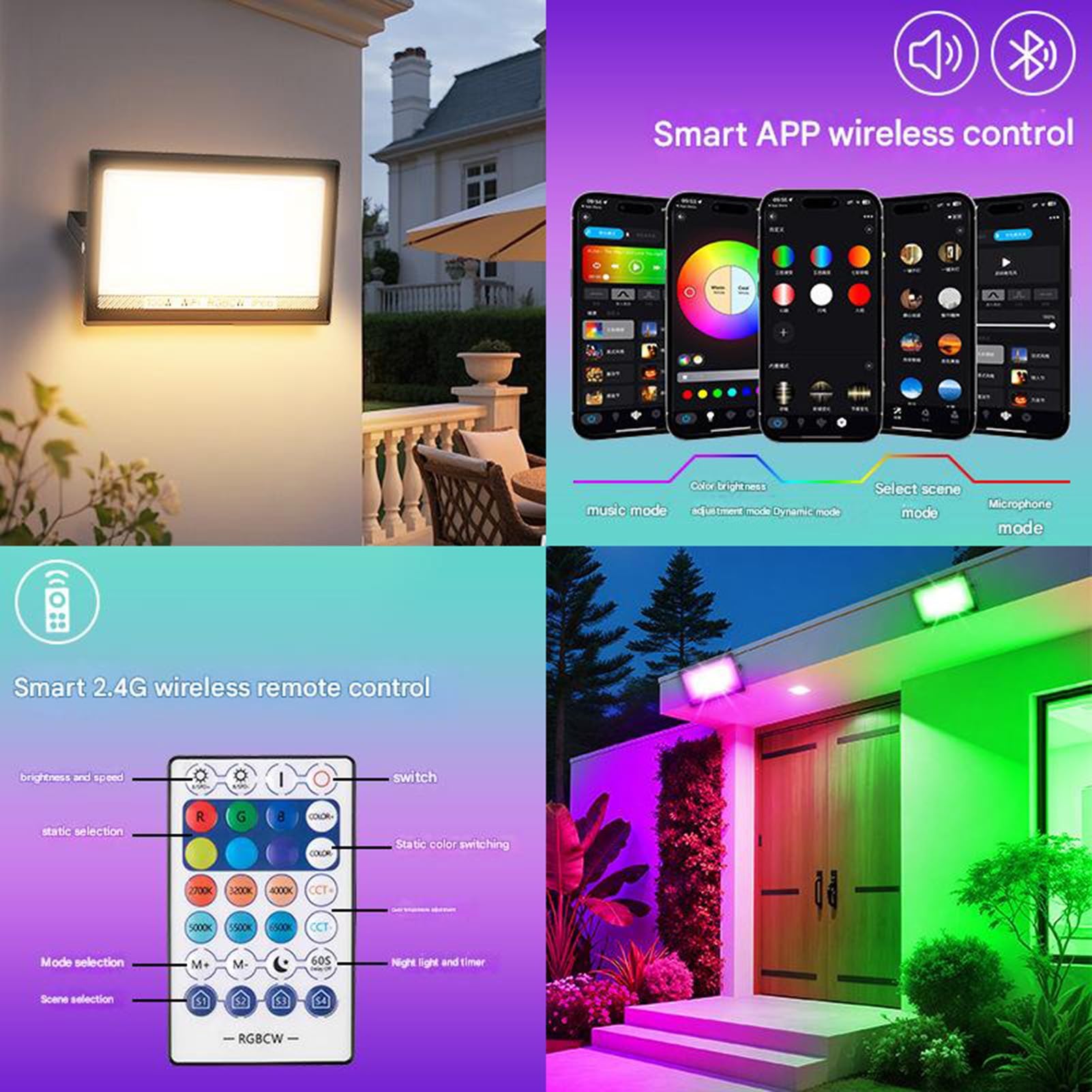 Reflektor LED RGB, odpowiednik 100 W, do użytku na zewnątrz, sterowanie Bluetooth, 16 milionów kolorów, funkcja timera, synchronizacja z muzyką, wodoodporny IP66, oświetlenie zewnętrzne