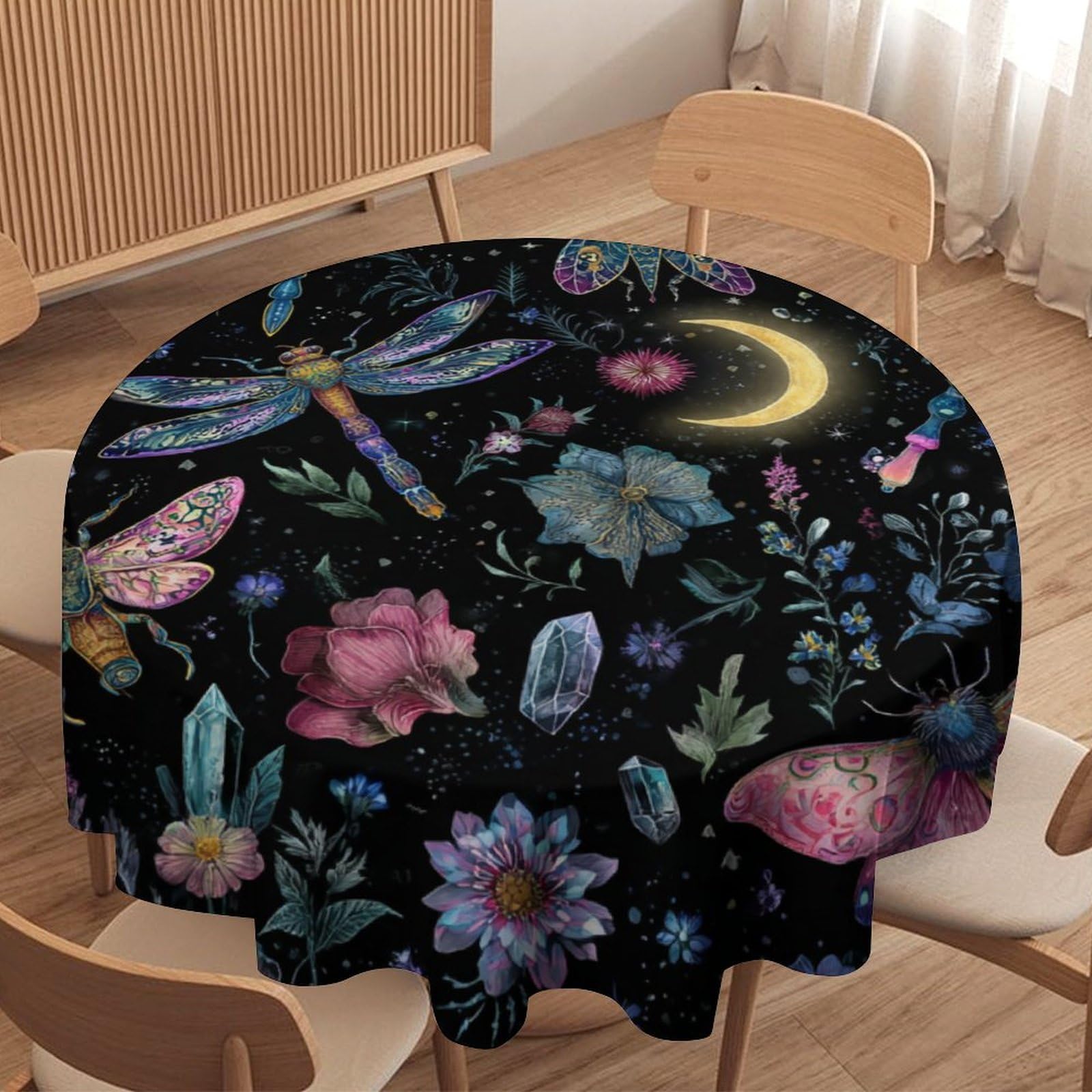 LUYYSKY Fantasy Minimalist Boho Dragonfly Round Tablecloth Modern Classic Animal Dragonflies Butterfly Flowers Print Washable Decor for Table Cover for Kitchen-177.8" Wx177.8 L cm