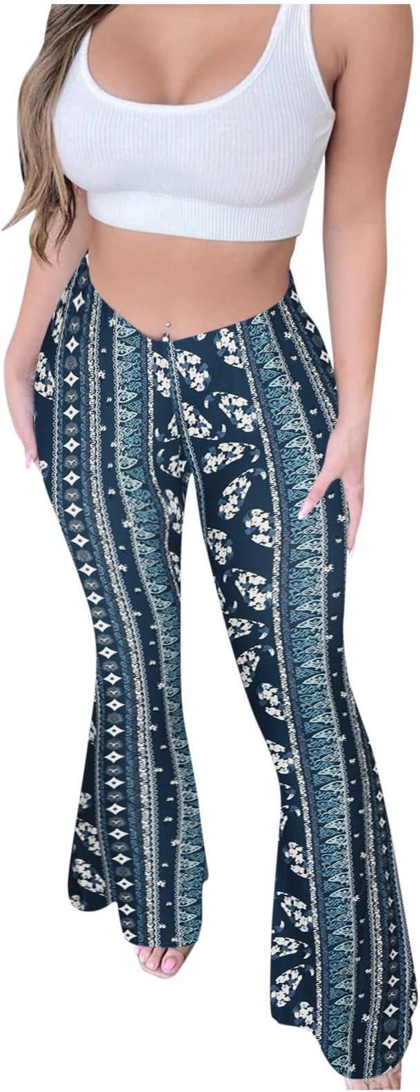 Boho Leggings for Women Flare High Waisted Stretchy Bell Bottom Trousers Tummy Control Hippie Yoga Leggings