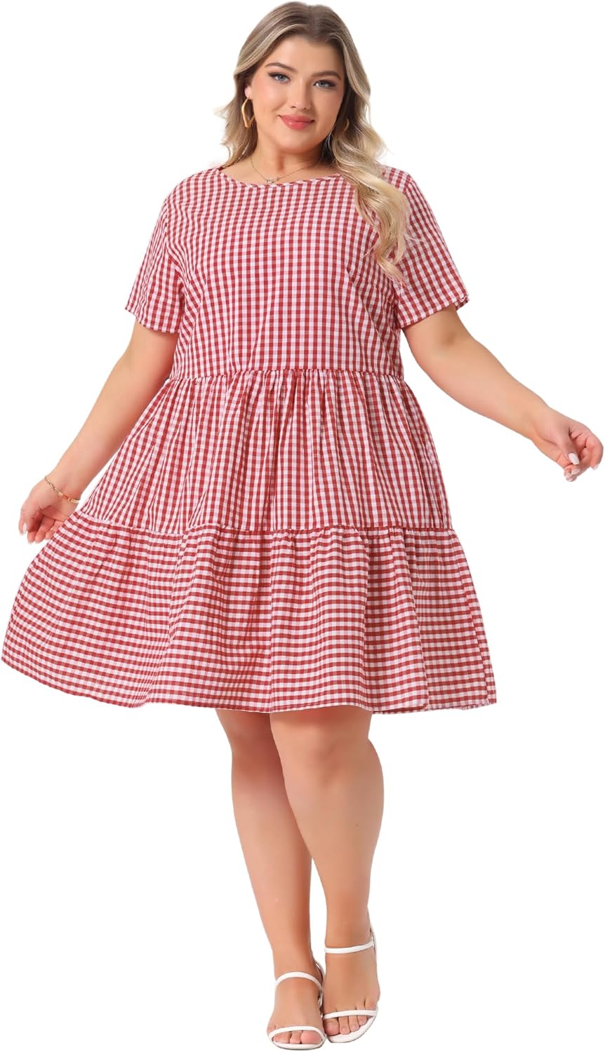 Agnes Orinda Plus Size Gingham Dresses 1950s Vintage Plaid Round Neck Short Sleeve Tiered Midi Summer Dress - Image 3