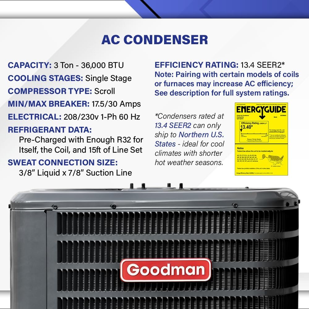 Goodman 3 Ton 13.4 SEER2 Central Split AC Unit | 80% 60000 BTU Natural Gas Furnace, Evaporator Cased Coil, & Single Stage Air Conditioner System - R32 Horizontal