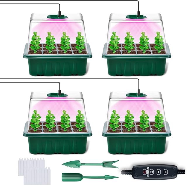 YAUNGEL Seed Trays with Grow Light, 4 Pack Propagator with Timing Controller Adjustable Brightness, Thicken Seedling Trays with Humidity Domes Heightened Lids for Greenhouse & Gardens, Gift Box