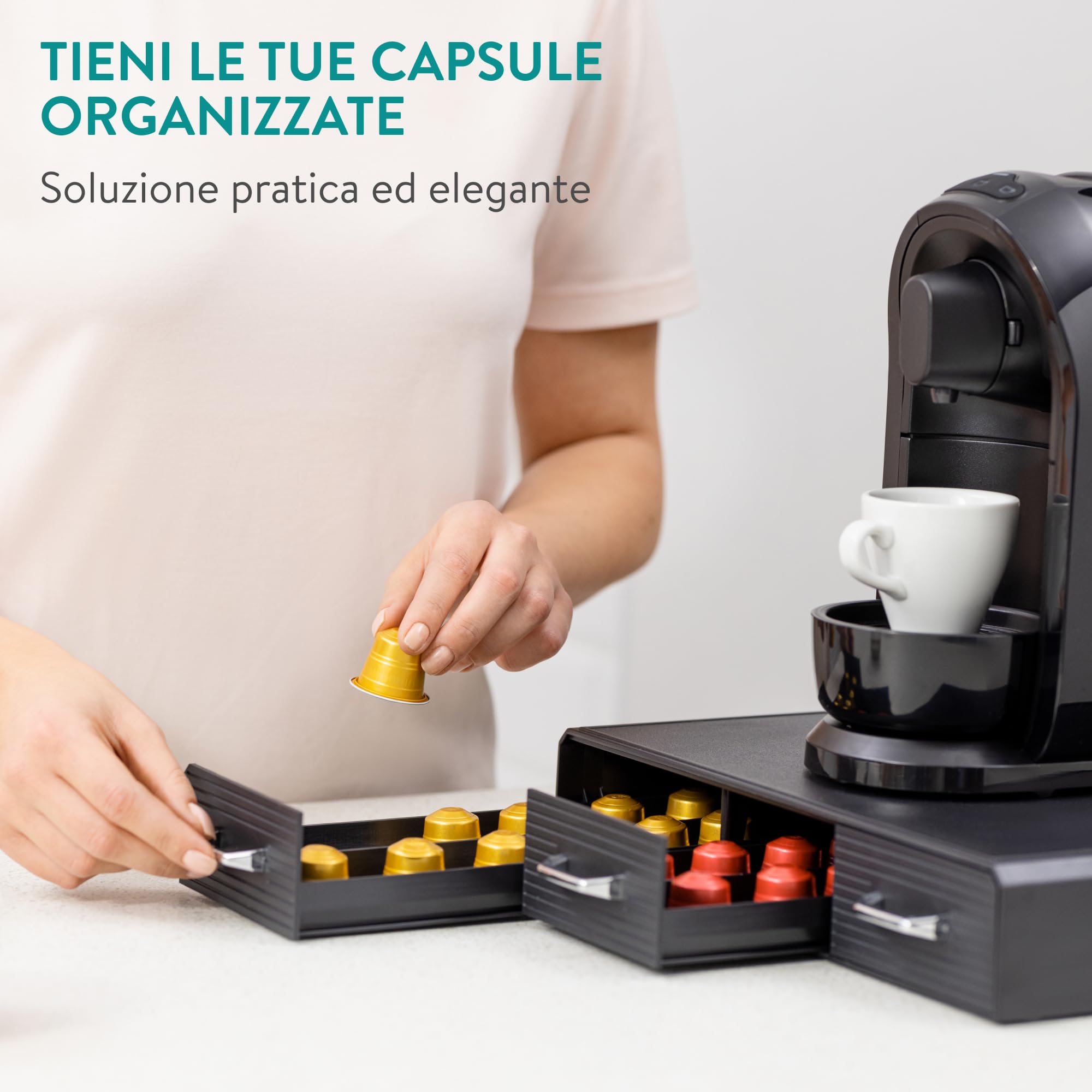 Navaris Porta Cialde Caffe - Porta Capsule con 3 Cassetti Compatibile con Capsule Standard - Cassetto Porta Cialde Moderno ed Elegante - Portacialde da Caffè o Tè - Nero