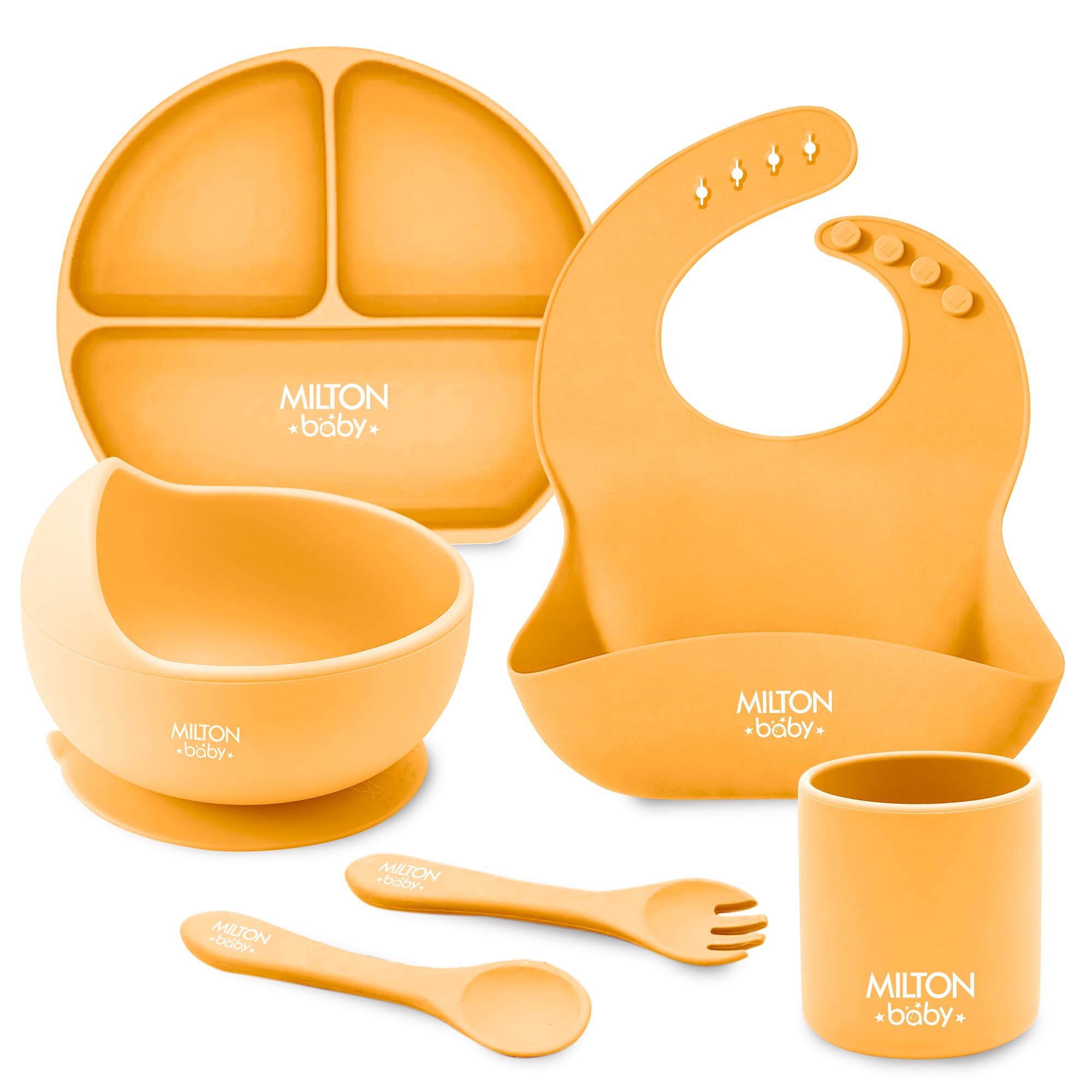 Silicone Feeding Set of 6 I Strong Suction Base with Release Tab I 100% Food Grade-BPA Free I Weighted Base Tumbler I No Mess I Adjustable Fit Bib I Soft Spoon I Orange-image-5