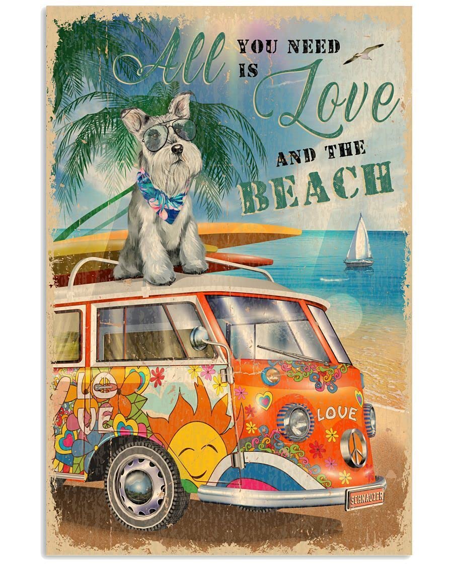 Schnauzer and The Beach Poster Metal Tin Sign Hanging Retro Plaque Kitchen Poster Cafe Bar Pub Store Man cave Art Novelty Designs 5.5x8inch