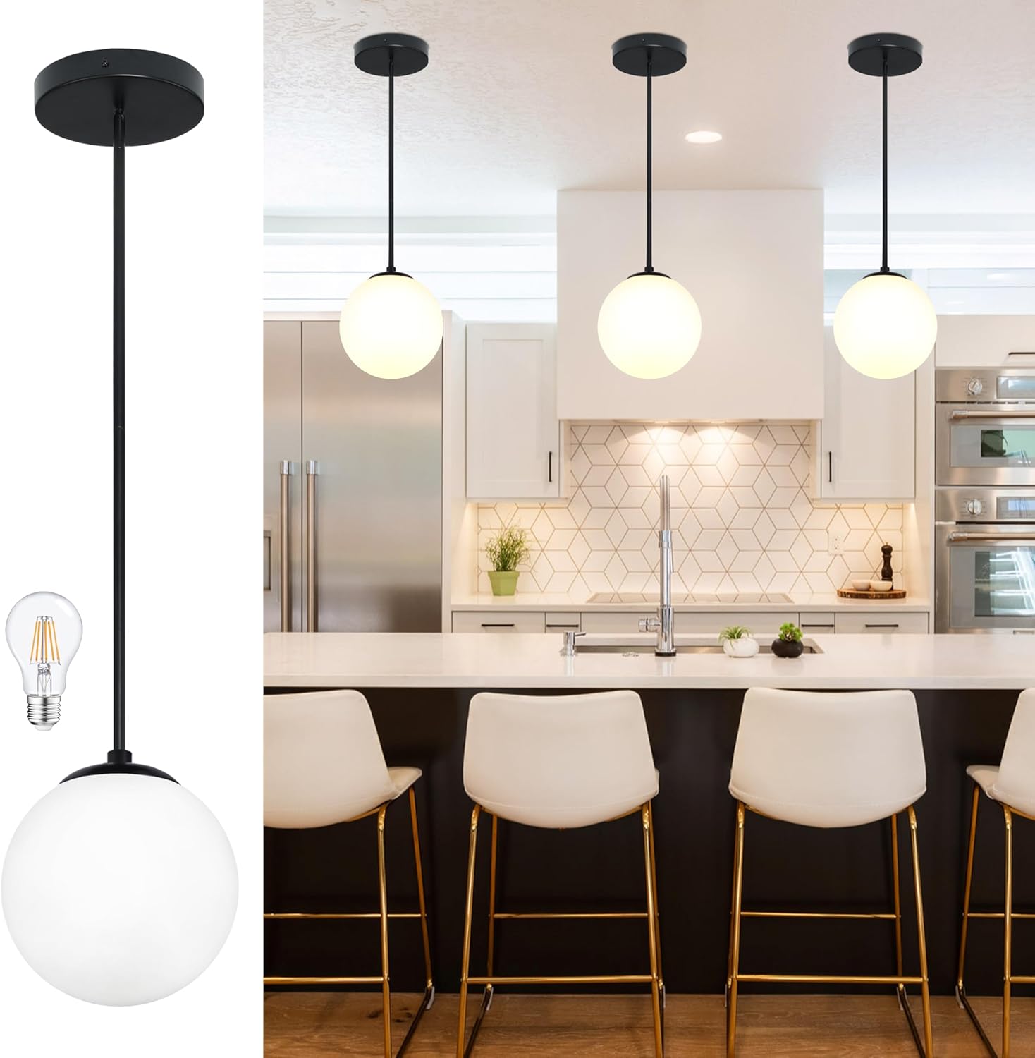 8" Globe Pendant Light Black Mid Century Modern Light Fixture Milk Glass Pendant Light Globe Pendant Lights Kitchen Island Matte Black Finished with Milk Glass Lampshade for Dining Room Opal & Black 8 inch