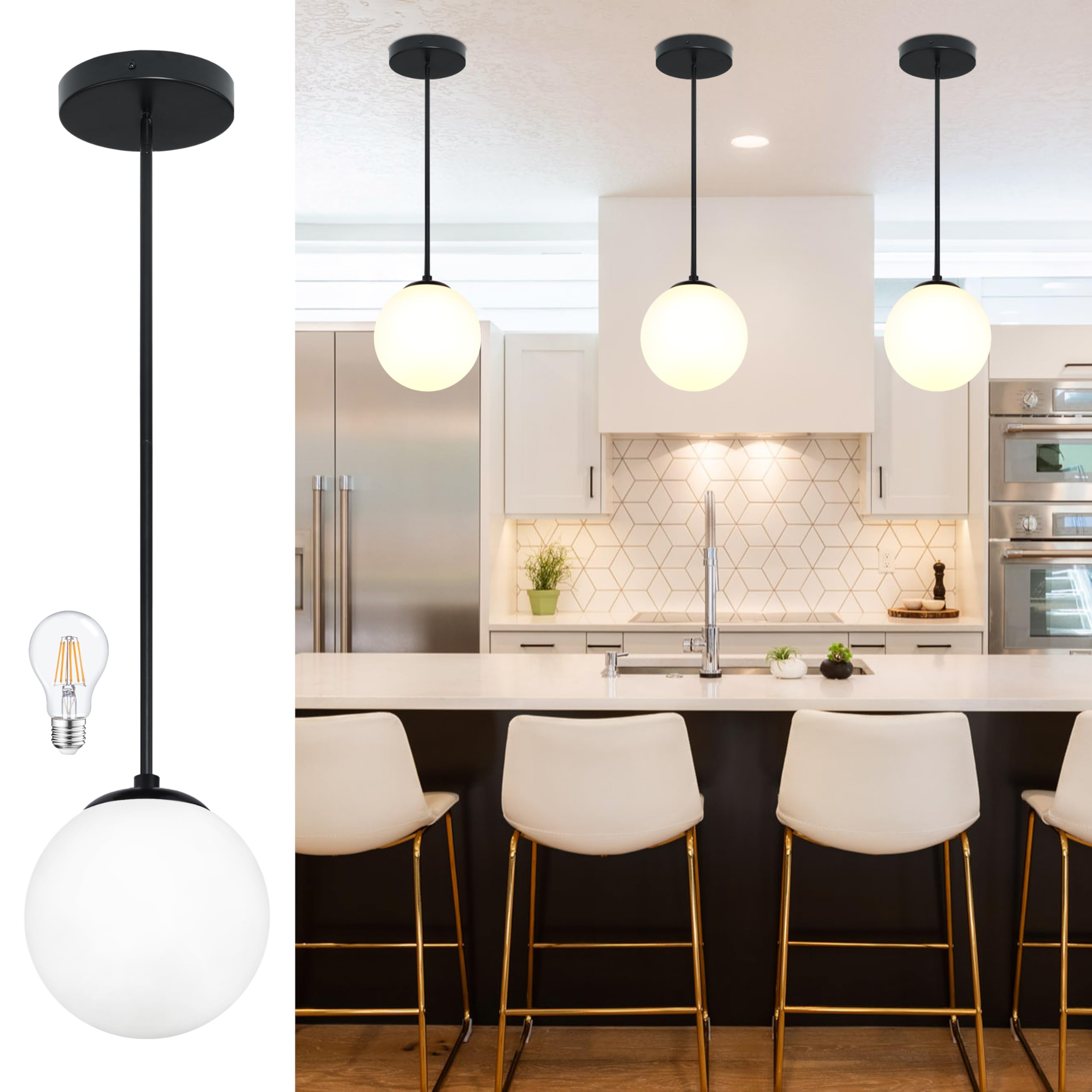 8" globe pendant light black mid century modern light fixture milk glass pendant light globe pendant lights kitchen island matte black finished with milk glass lampshade for dining room