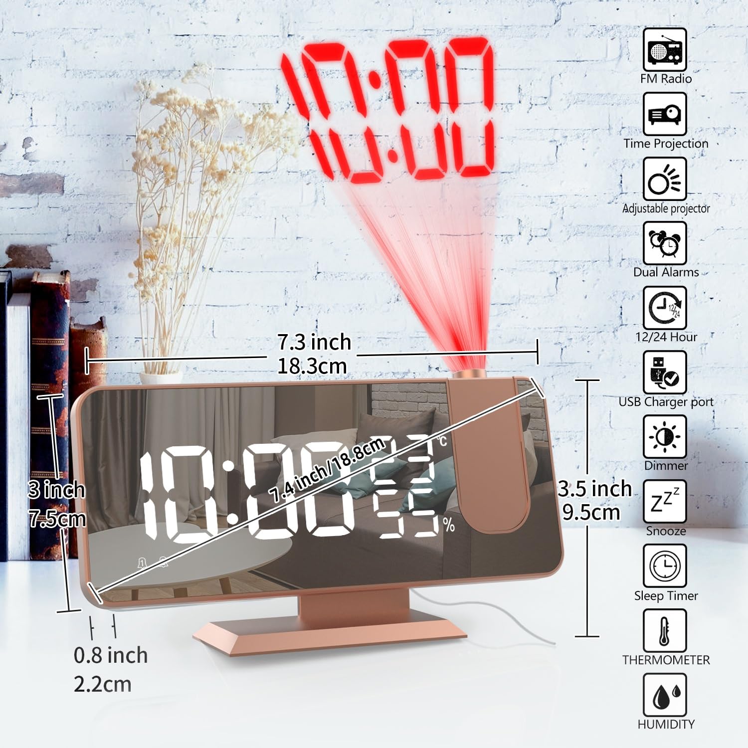 Budzik z projektorem do sypialni, cyfrowy budzik LED 7,4" ze stacją ładowania USB, podwójny budzik ze wskaźnikiem temperatury i wilgotności, automatyczny ściemniacz, wyświetlacz 12/24H (kolor: różowe