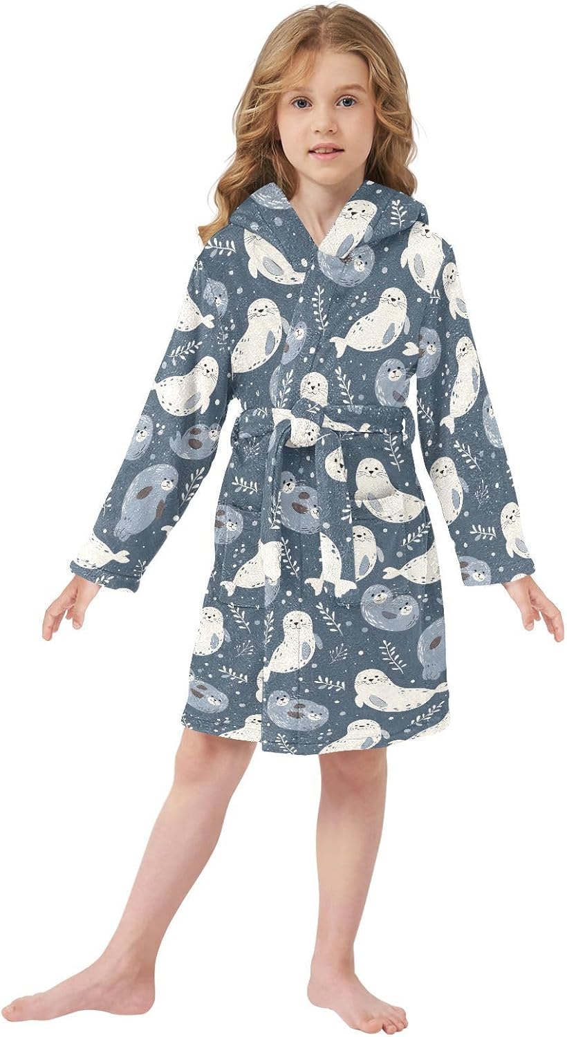 senya Seal and Grass Toddler Hooded Bathrobe Kids Soft Plush Bath Towel Robes for Boys Girls 2-12 Years