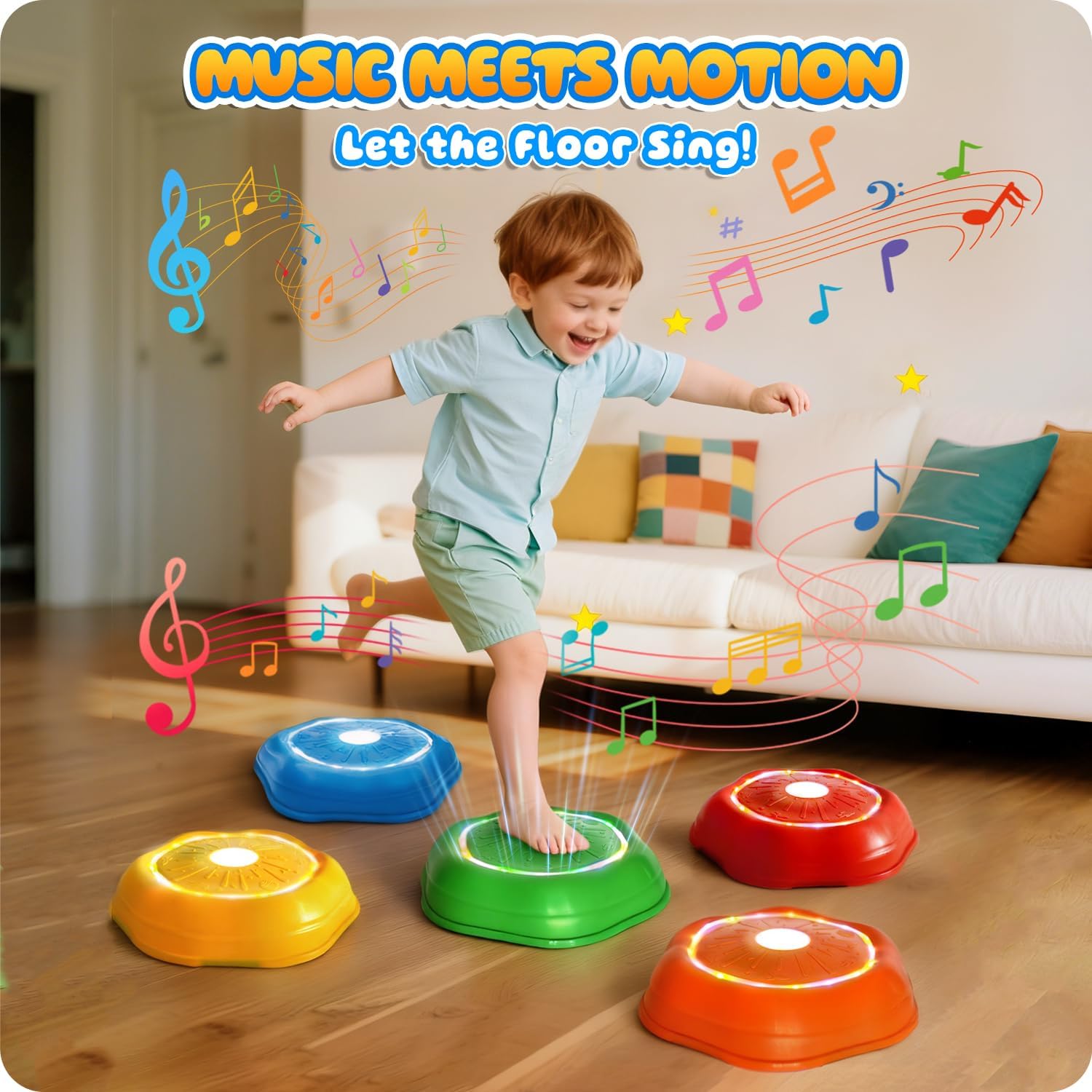 Musical Stepping Stones for Kids - 7 Piano & Drum Tones, Flashing Colorful Lights for Toddler Balance & Sensory Development | Indoor/Outdoor Play Equipment for Ages 3-5