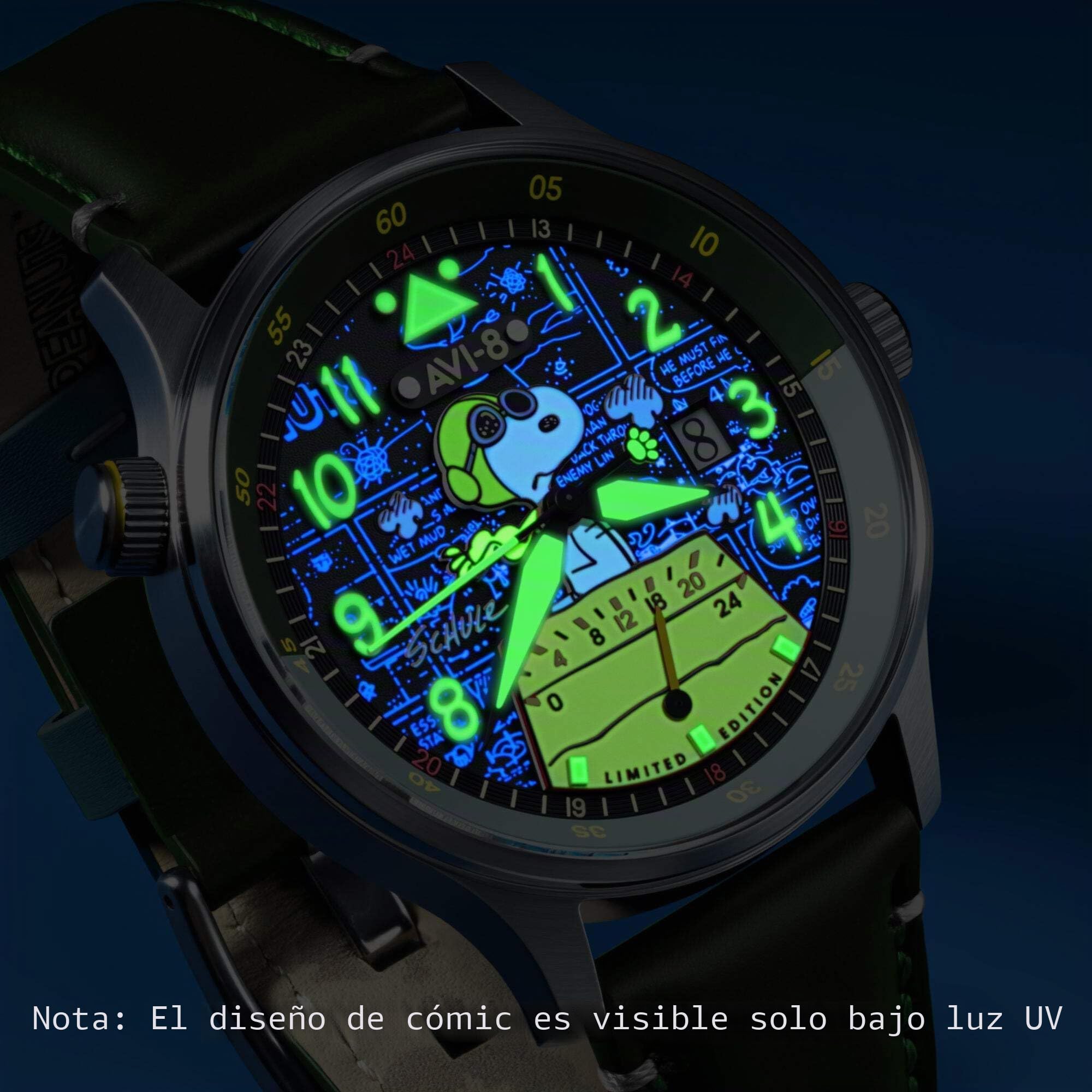 AVI-8 Hawker Hurricane McKellar Dual Time Peanuts Snoopy Flying Ace - Reloj de edición limitada para hombre, 43,5 mm, con correa de cuero AV-4151