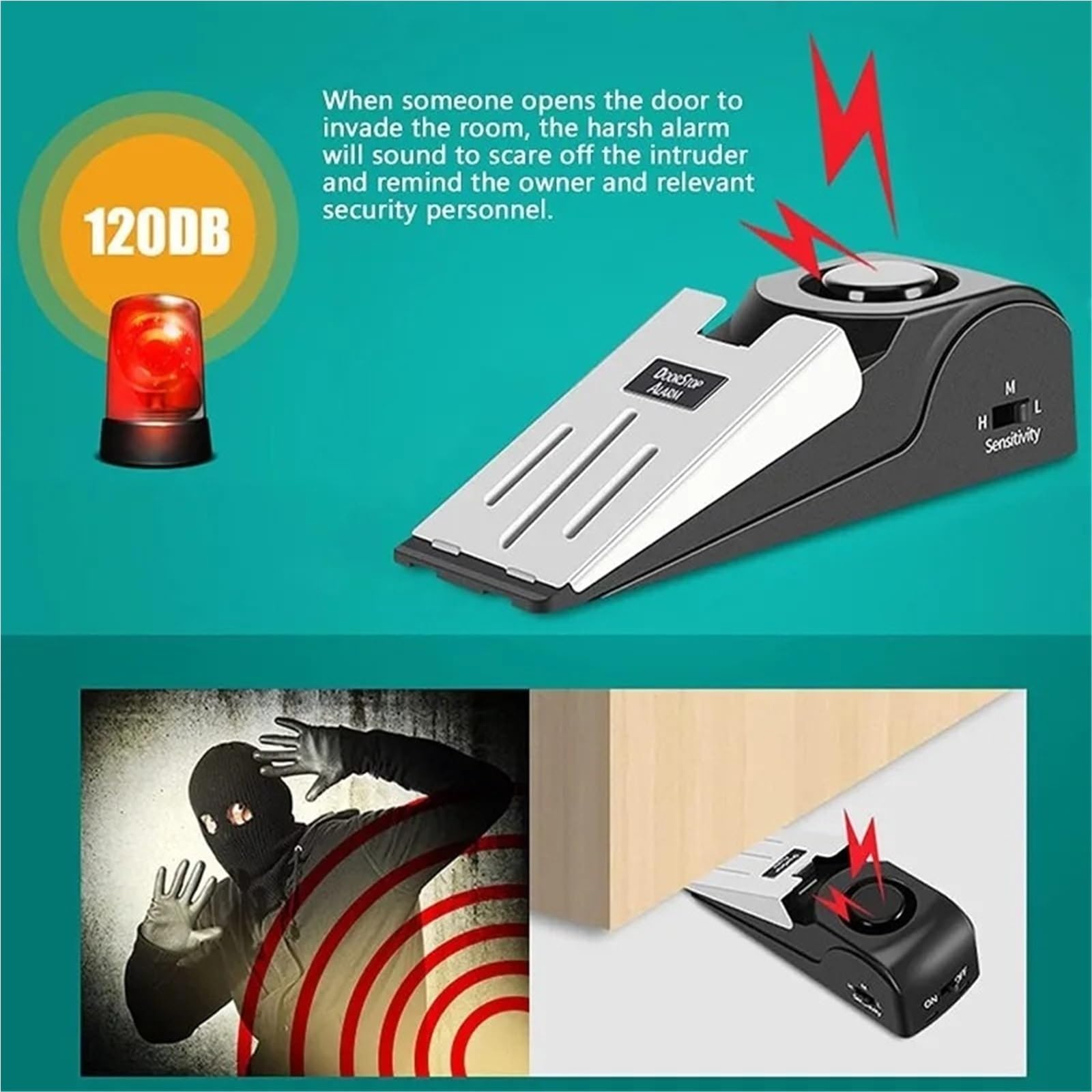Tope Para Puerta Con Alarma Alarma inalámbrica de tope puerta cuña acero inoxidable 120 dB(3pcs)