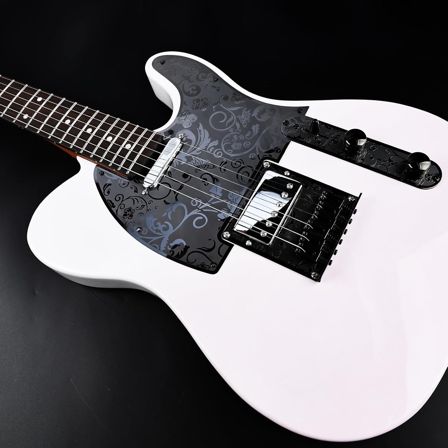 Stainless Steel Pick Guard Scratch Plate 8 Holes SH Pickup Configuration Engraving Metal Electric Guitar Pickguard Compatible with USA/Mexican Telecaster Tele Modern Style Guitar Parts(Black)