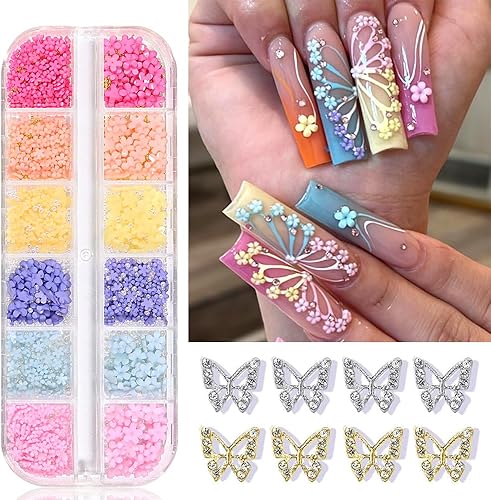 Miniatura 8 de Dijes de uñas de flores 3D, flor acrílica 3D, pétalo de flor blanca y rosa con perlas de perlas, aleación de metal dorado y plata con diamantes de