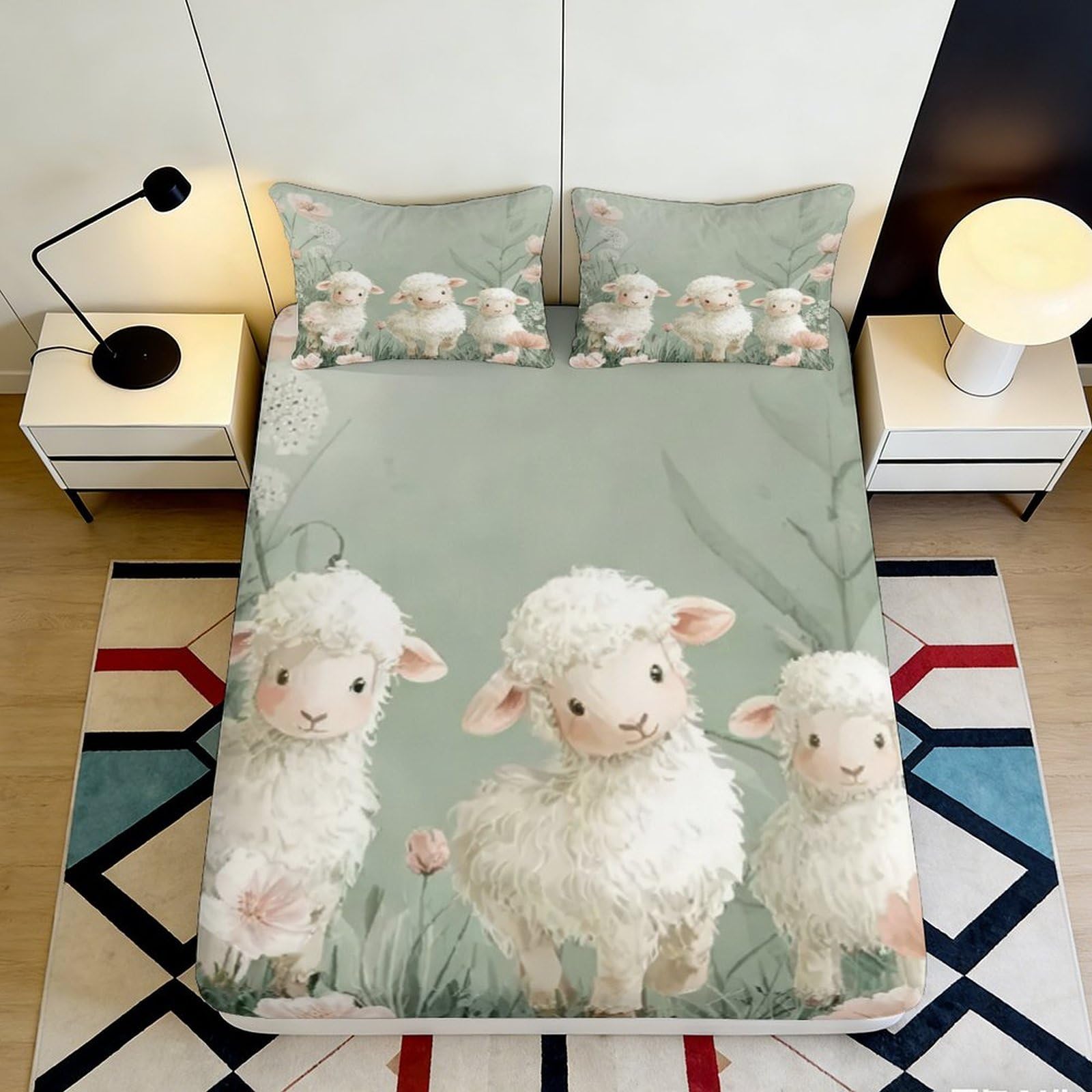 3D Printed Cute Lamb Fitted Sheet Microfiber Soft Green Pastoral Sheep Mattress Cover for Bedroom Dorm Easy Care Anti-Slip 90x200x25cm