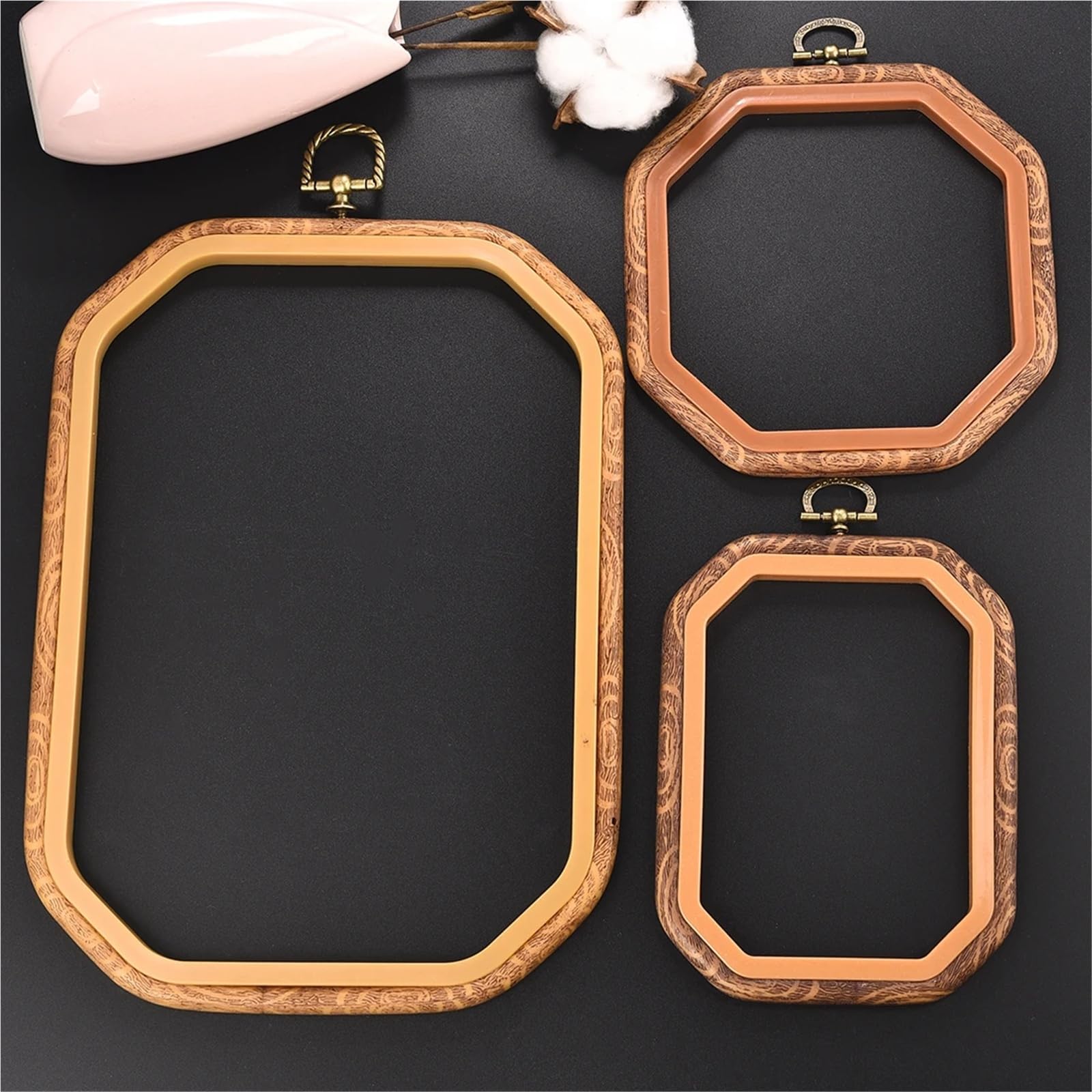 Soporte para aro de bordado DIY, kit de costura para punto de cruz, anillo, marco de imitación madera, corona redonda y cuadrada - Anillo de resina plástica, aleación, aguja de coser, manualidade