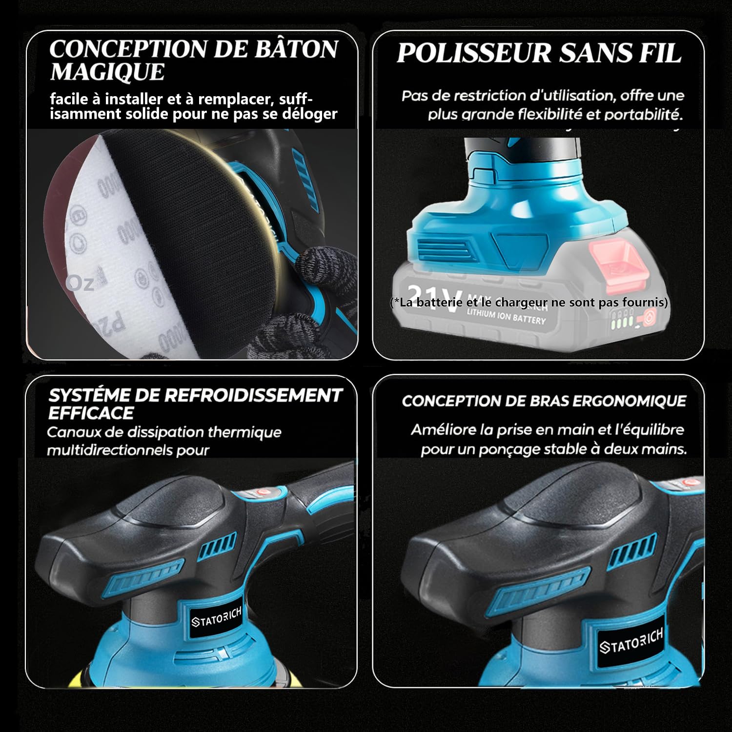Polisseuse Voiture Sans compatible avec Makita 18 V, 8 vitesses (2800-6000 tr/min), 27 pièces poignée amovible des Voitures et Des Bateaux, Polissage,Cirage et Finition des Voitures(Sans batterie)
