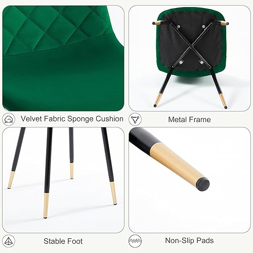 Miniatura 4 de Juego de 2 sillas de comedor de terciopelo verde, sillas tapizadas de cocina y comedor con patas de metal, sillas decorativas modernas de mediados