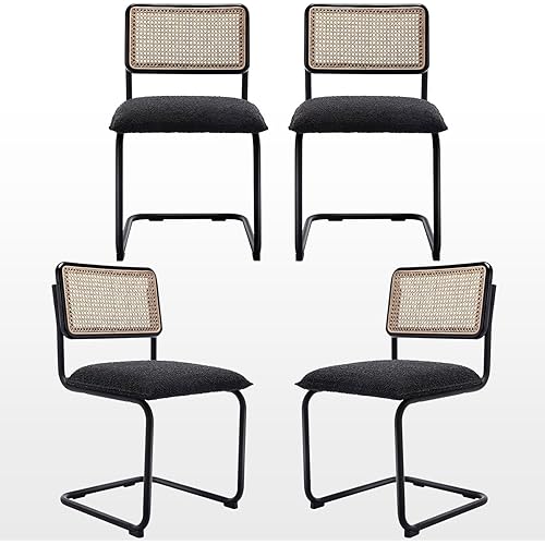 Zesthouse Natural Rattan Dining Chairs Set of 4, Modern Kitchen Chairs with Solid Wood Back for Dining Room Living Room, Mid Century Breuer Design Inspired, Upholstered Boule Fabric, Black
