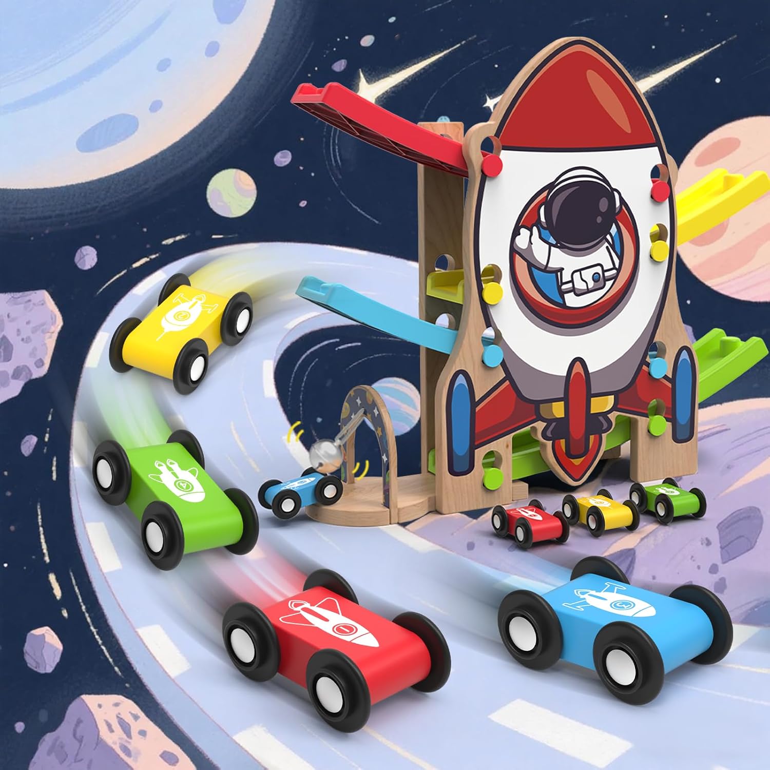 Wooden Race Track Car Ramp Racer Toy for Toddlers, Rocket Car Ramp Toy Vehicle Playsets with 4 Mini Cars - Fine Motor Skills Toddler Toys for 2 3 Year Old Boy and Girl Birthday Gifts
