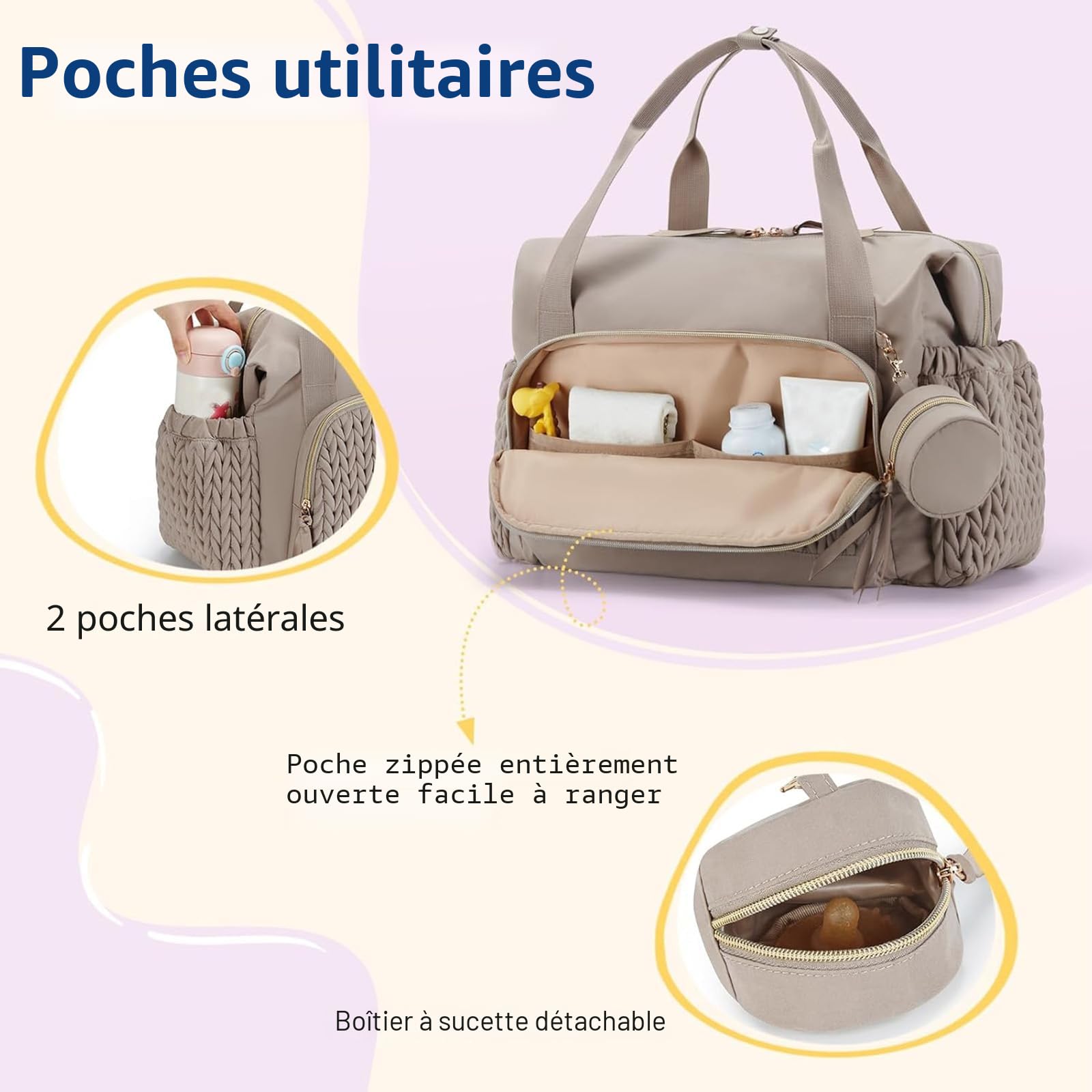 Sac à langer avec nom personnalisé pour maman, sac à langer de grande capacité avec poche isotherme